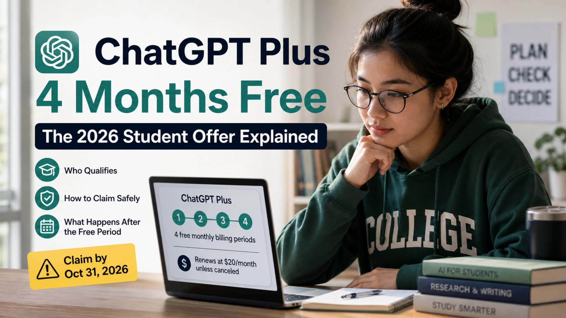 A college student checking the official four-month ChatGPT Plus offer before activation