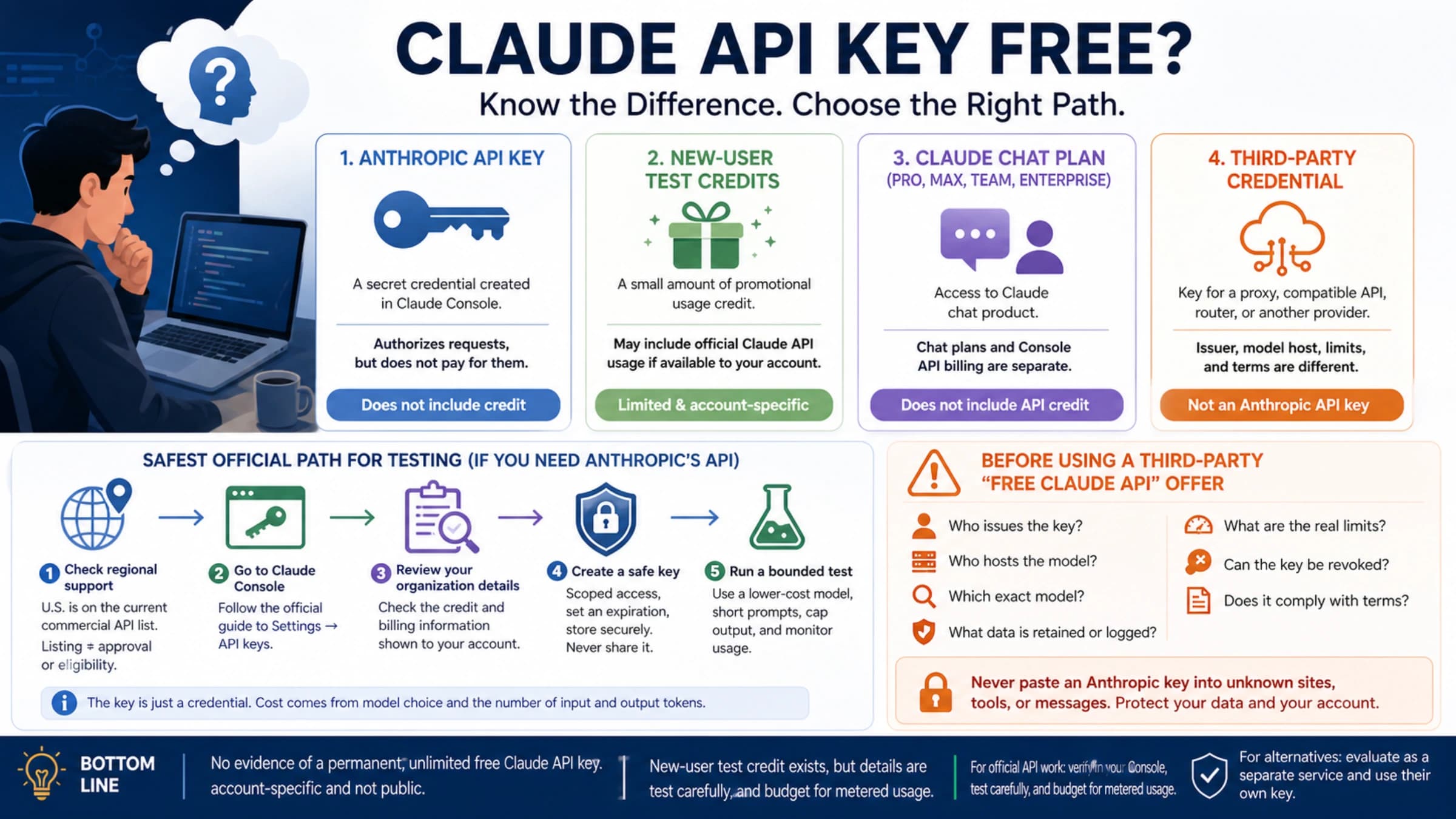 A developer evaluating official Claude API access and free-credit options