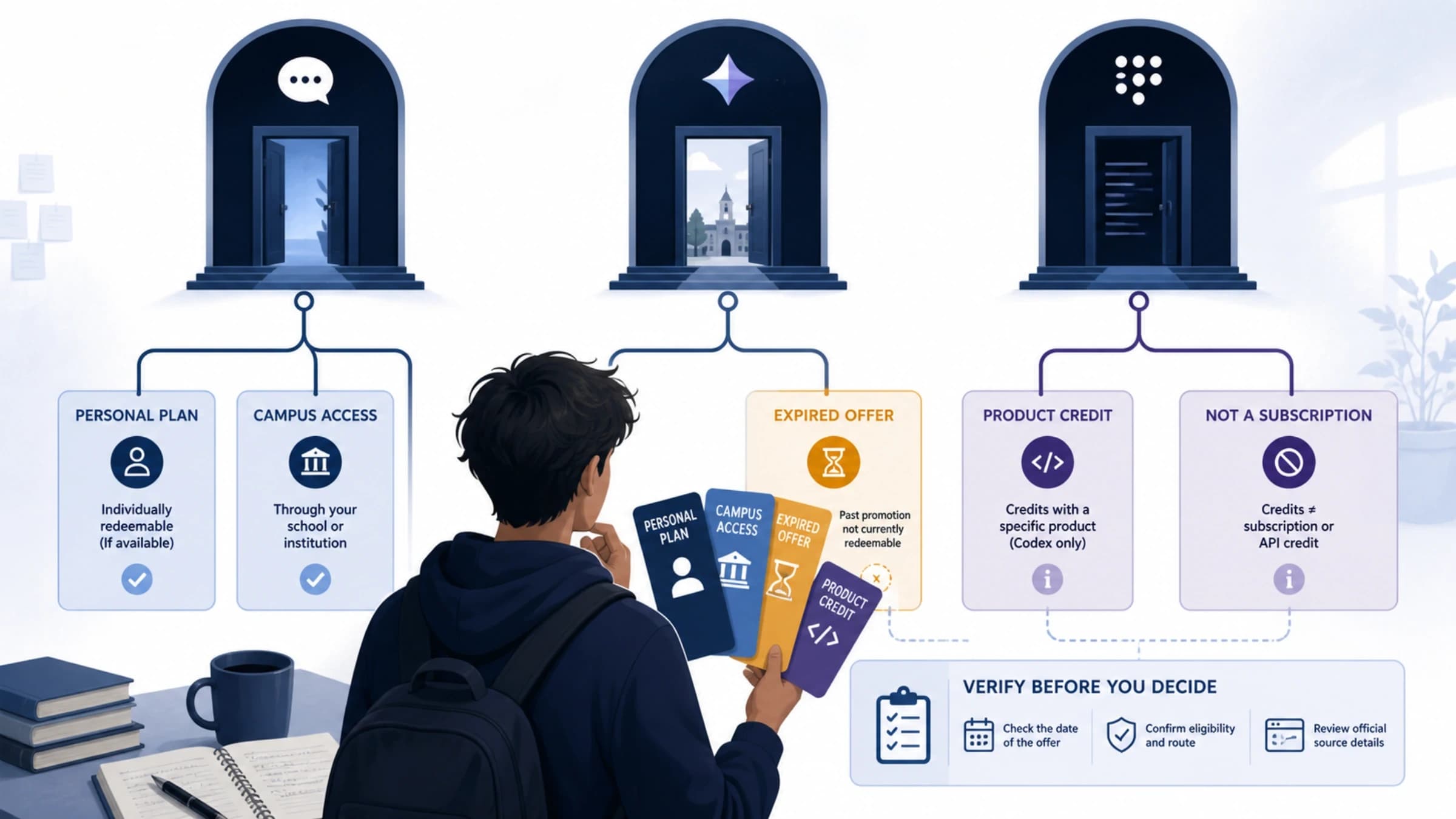 A US student comparing personal discounts, campus access, ended offers, and product-specific credits from Claude, Gemini, and ChatGPT