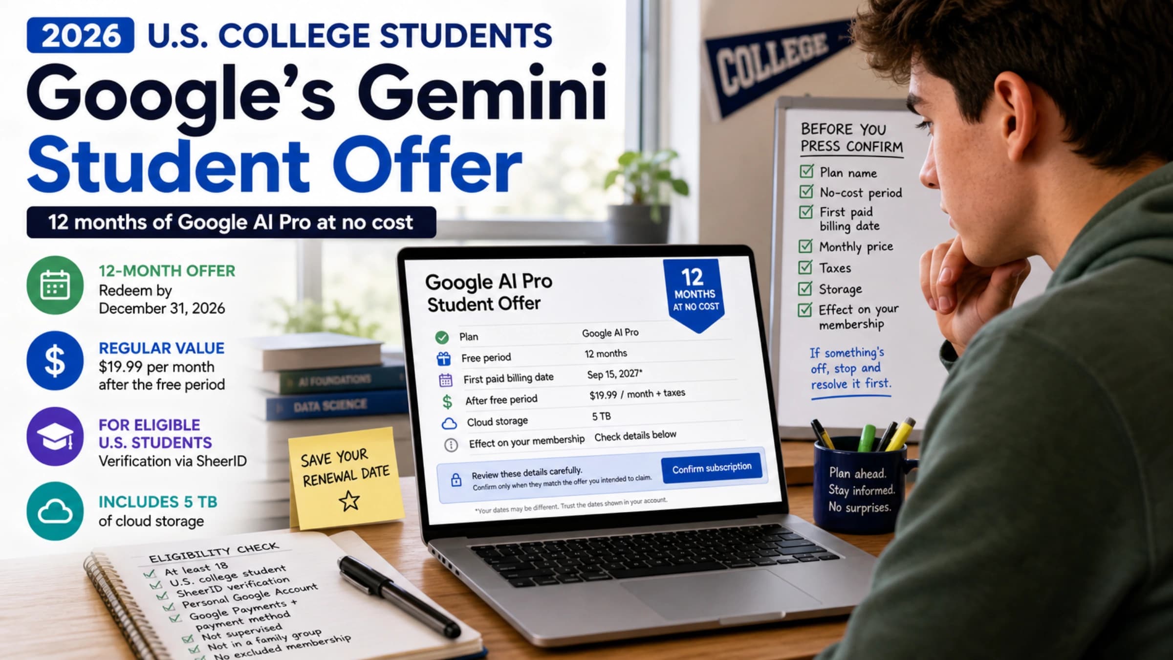 A U.S. college student reviewing the 2026 Google AI Pro student offer before enrollment