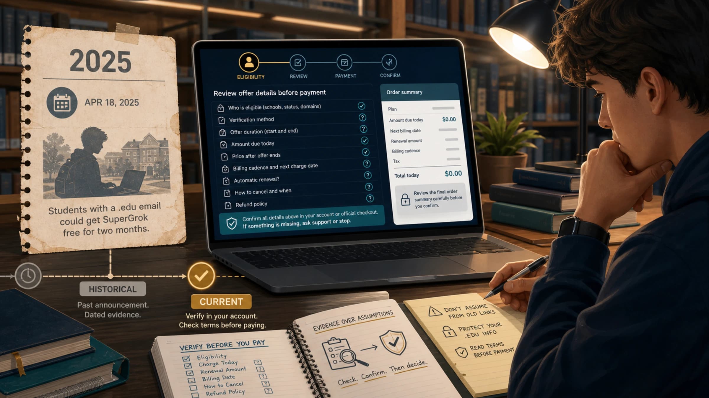 A student reviewing Grok offer eligibility and renewal terms before checkout