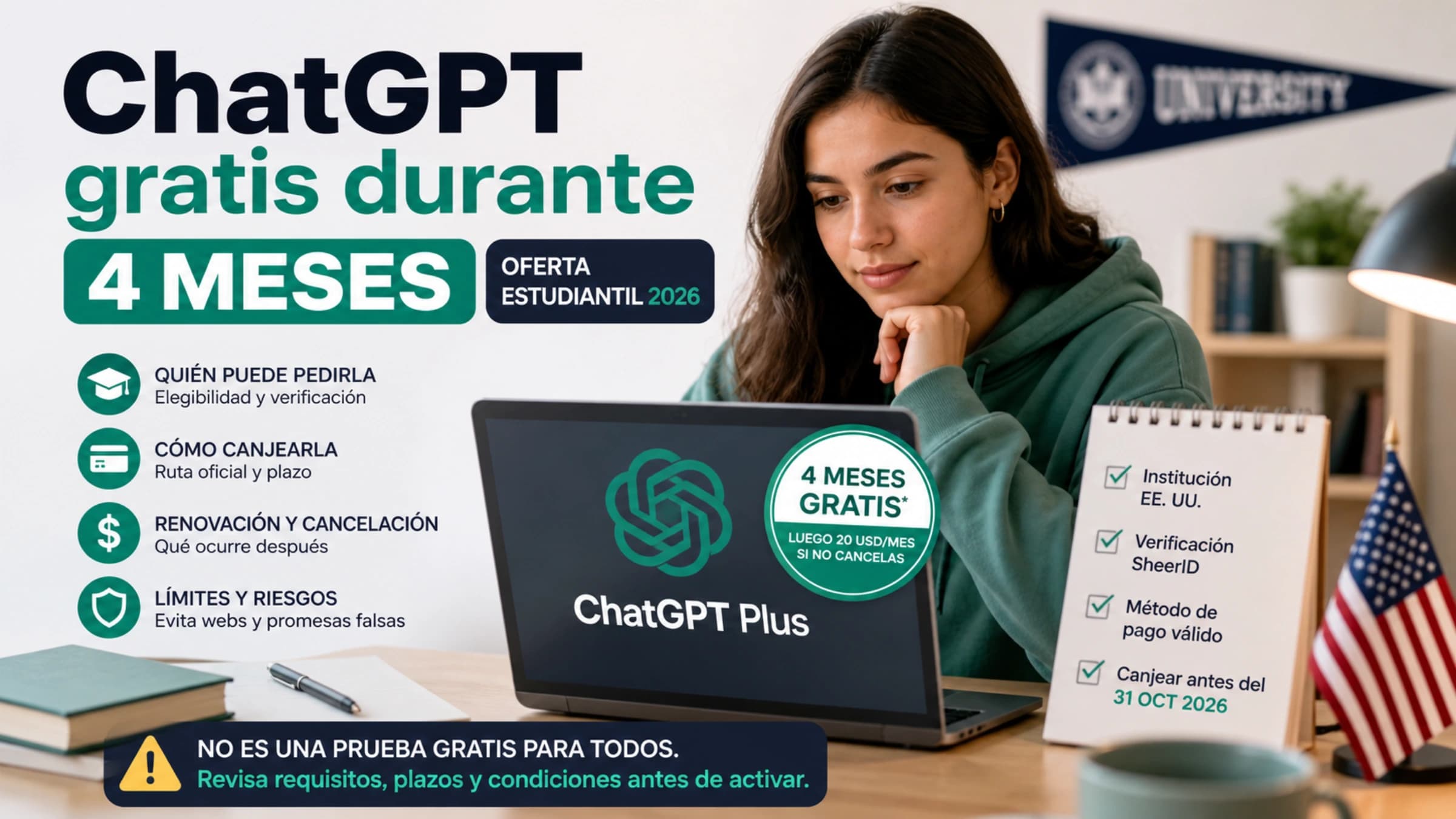Estudiante comprobando los requisitos de la oferta de cuatro meses de ChatGPT