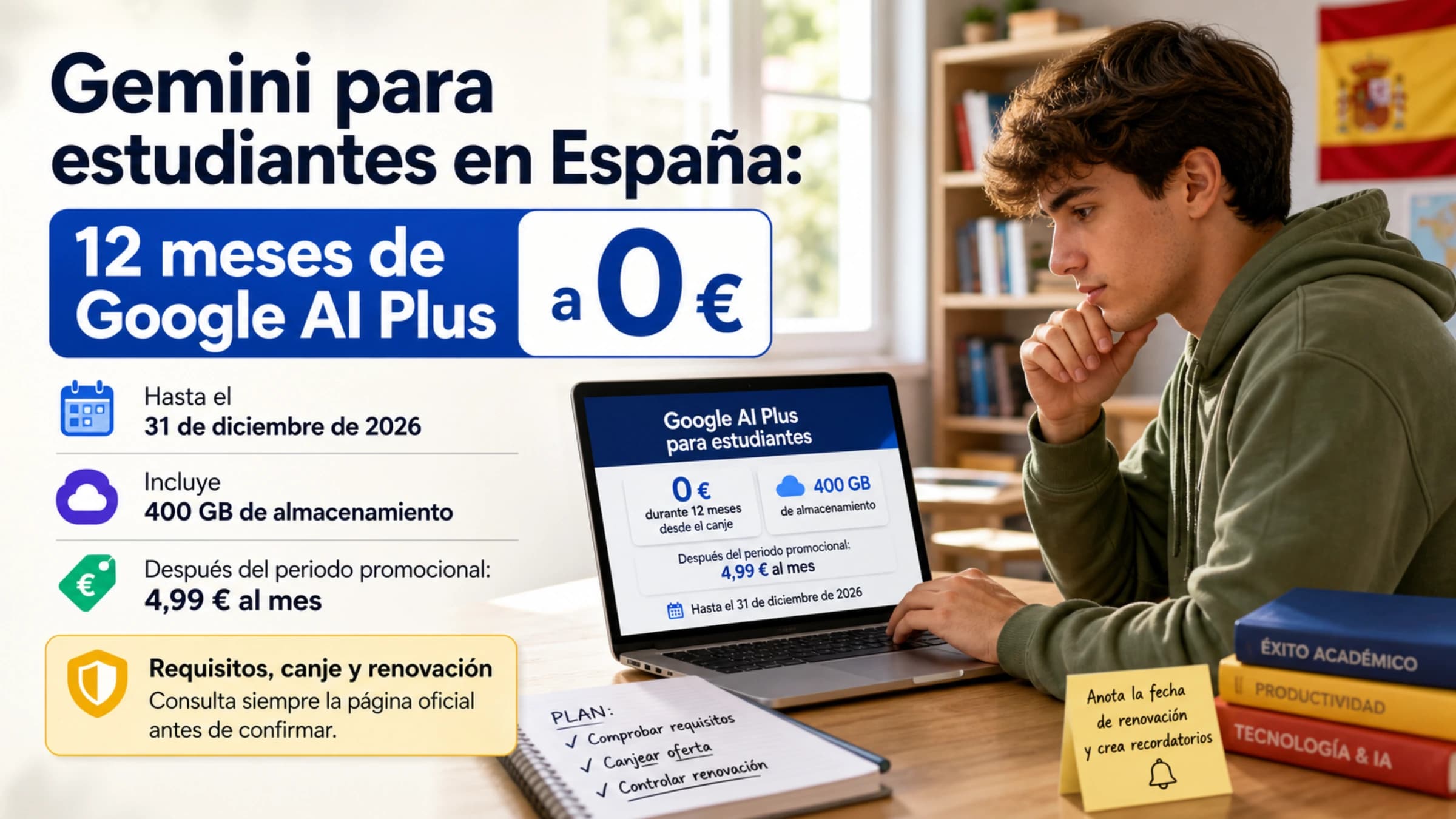 Estudiante que revisa la oferta de Google AI Plus para España