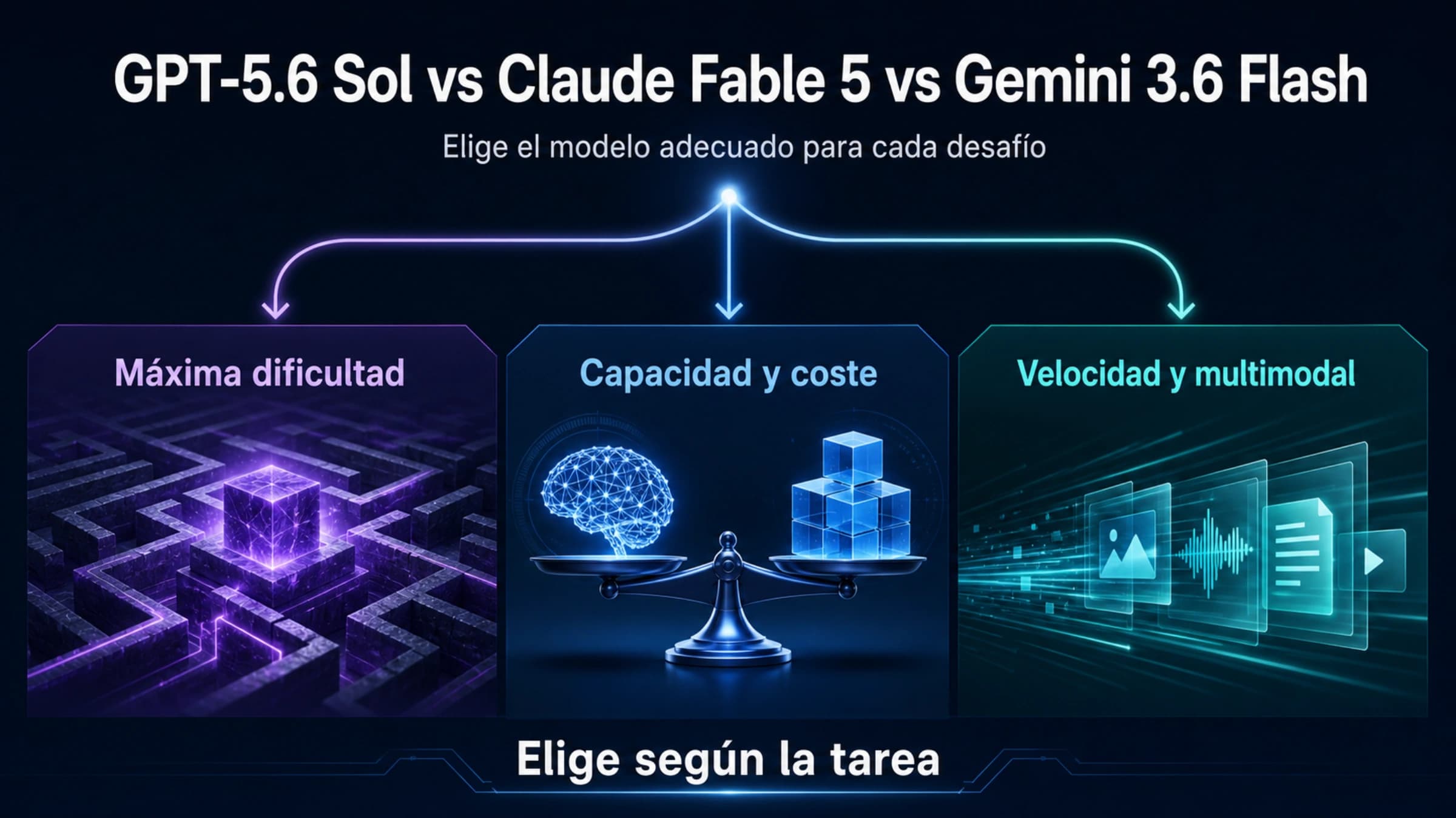 Tres rutas para elegir GPT-5.6 Sol, Claude Fable 5 o Gemini 3.6 Flash según la carga de trabajo