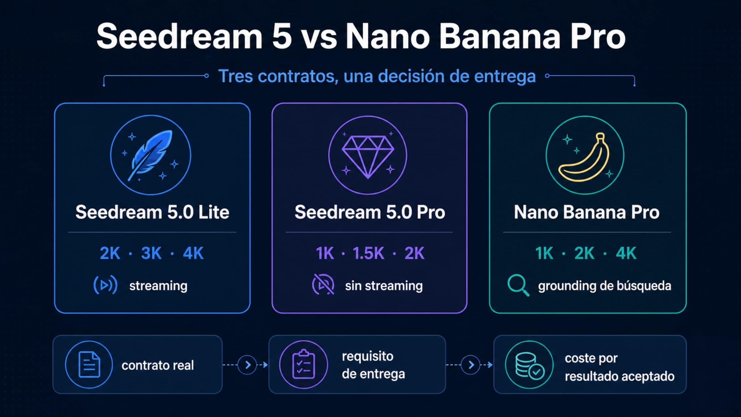 Elección entre Seedream 5.0 Lite, Seedream 5.0 Pro y Nano Banana Pro según contrato y riesgo de entrega