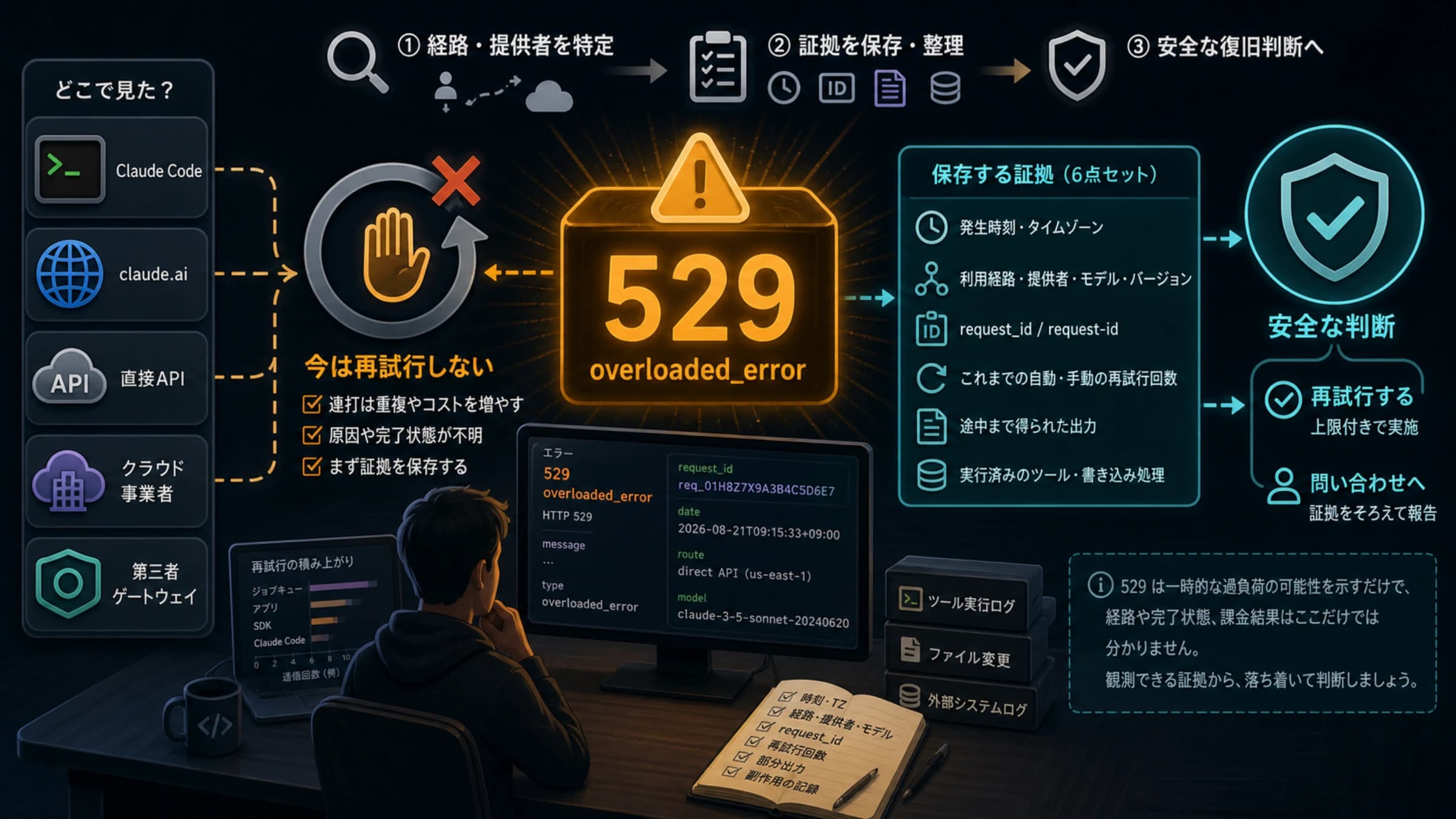 Claude 529 overloaded_errorの発生経路と安全な復旧判断を示す図