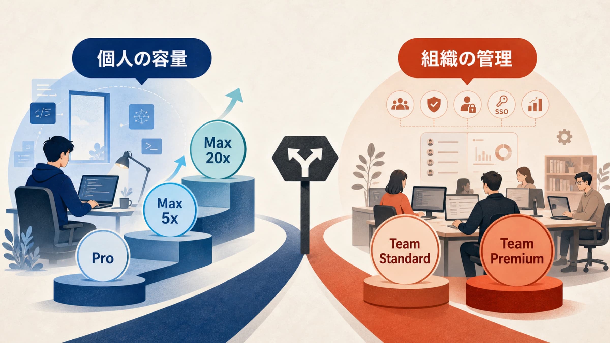 Claude CodeのPro、Max、Teamを個人利用と組織利用に分けて比較する図