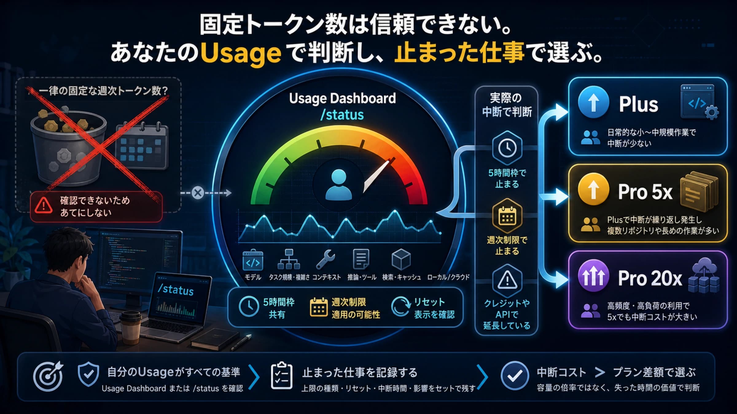 CodexのPlus、Pro 5x、Pro 20xを利用上限と実測で比較するイメージ