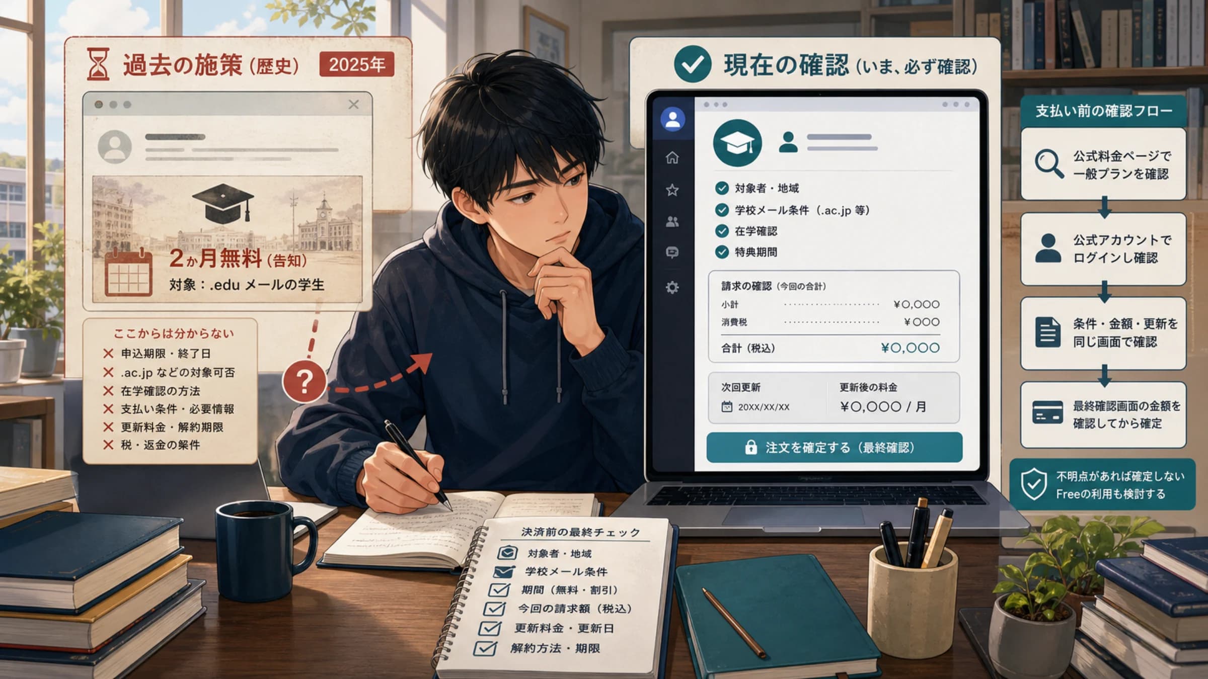 Grokの学生向け特典を日本から確認する学生と料金チェック画面