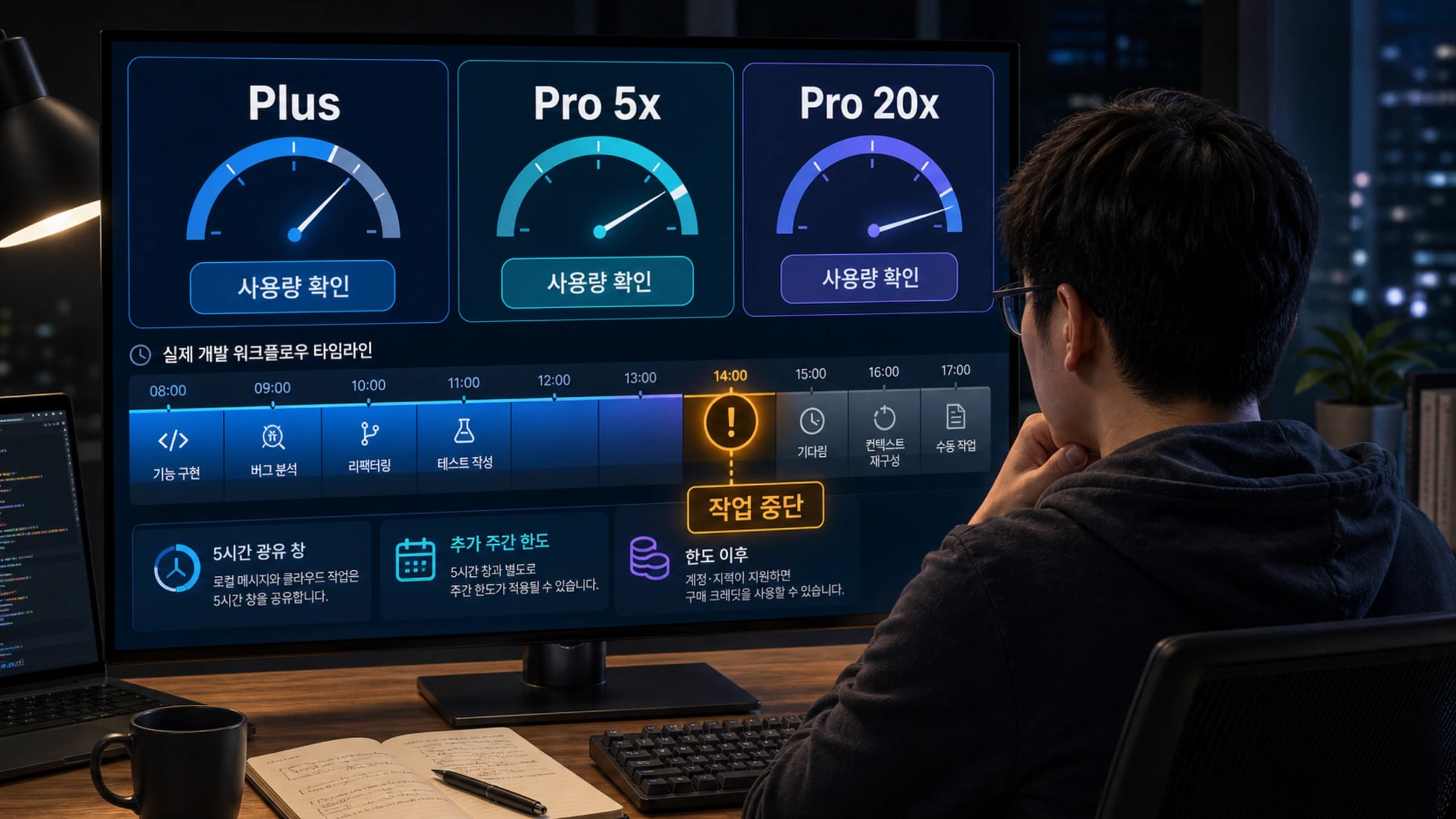Codex Plus와 Pro 사용량을 비교하는 개발자 작업 화면