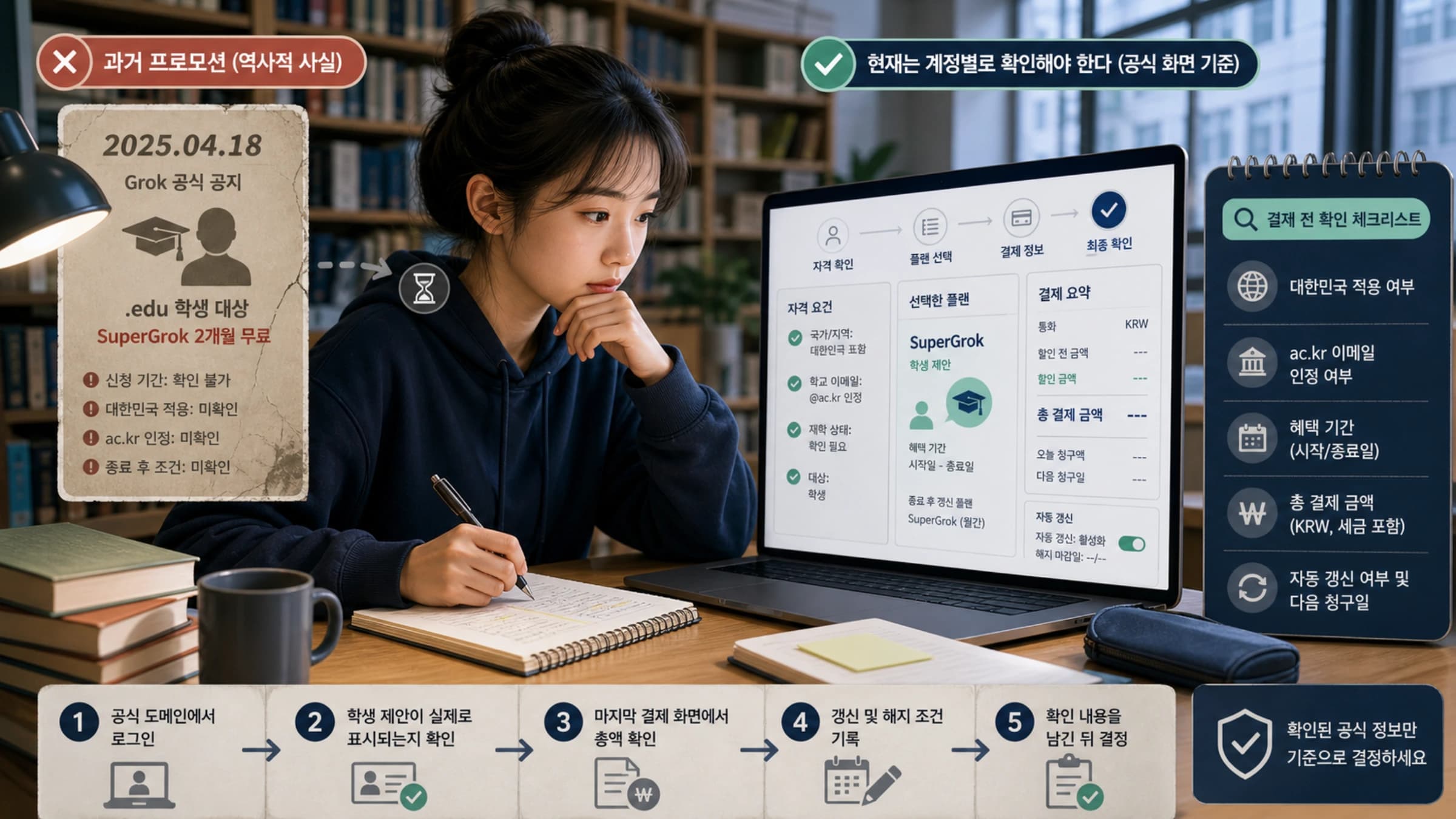 노트북 앞에서 Grok 학생 혜택의 현재 적용 여부와 결제 조건을 확인하는 한국 대학생