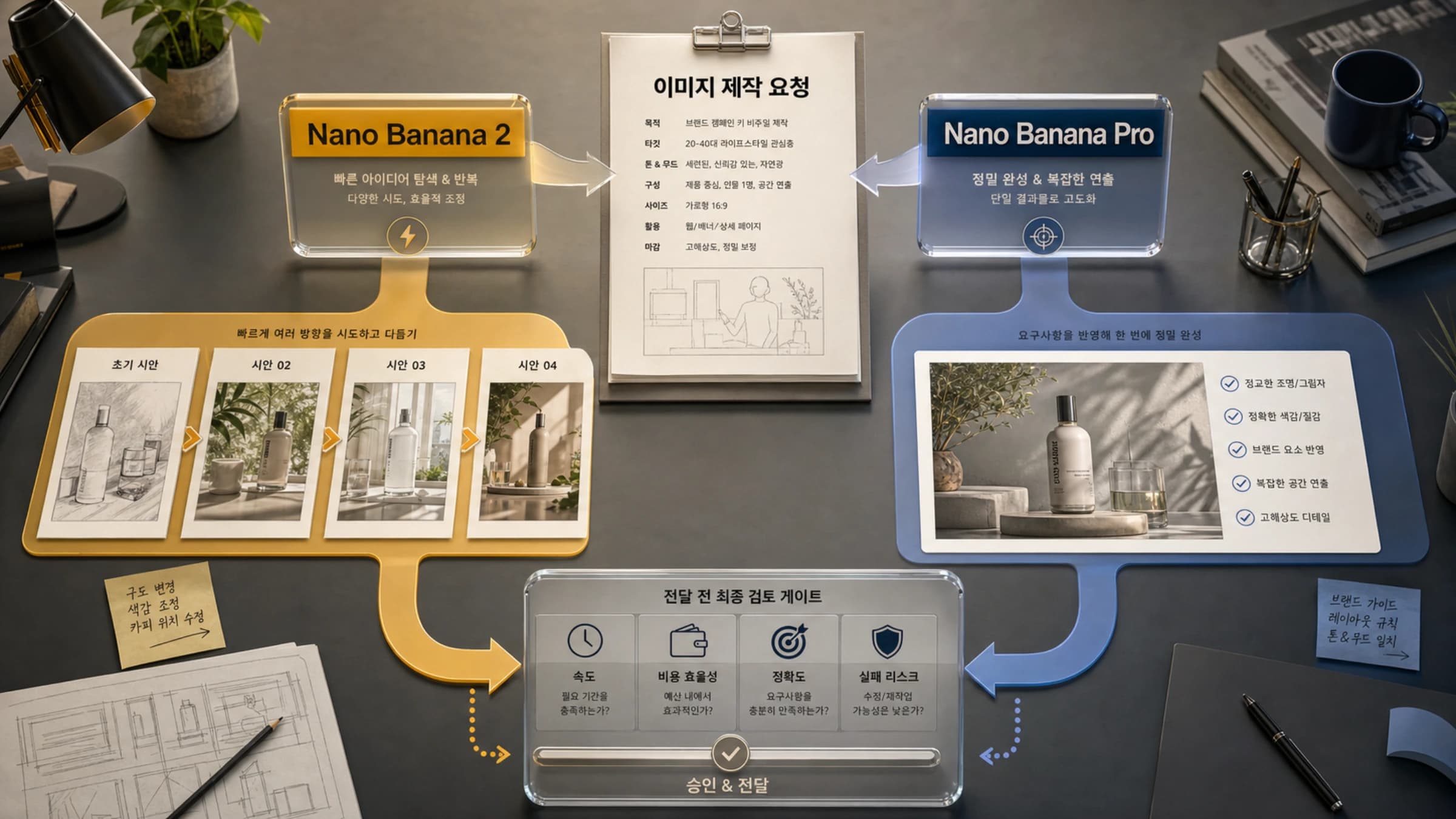 Nano Banana 2와 Nano Banana Pro를 속도, 비용, 정확도, 실패 위험으로 선택하는 비교 가이드