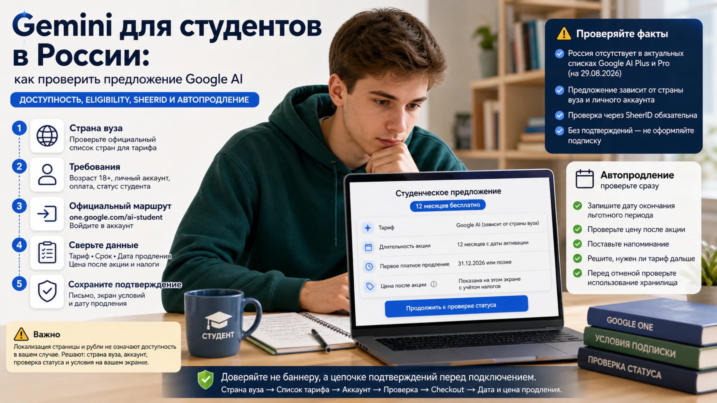 Студент проверяет доступность предложения Google AI для своего вуза и аккаунта