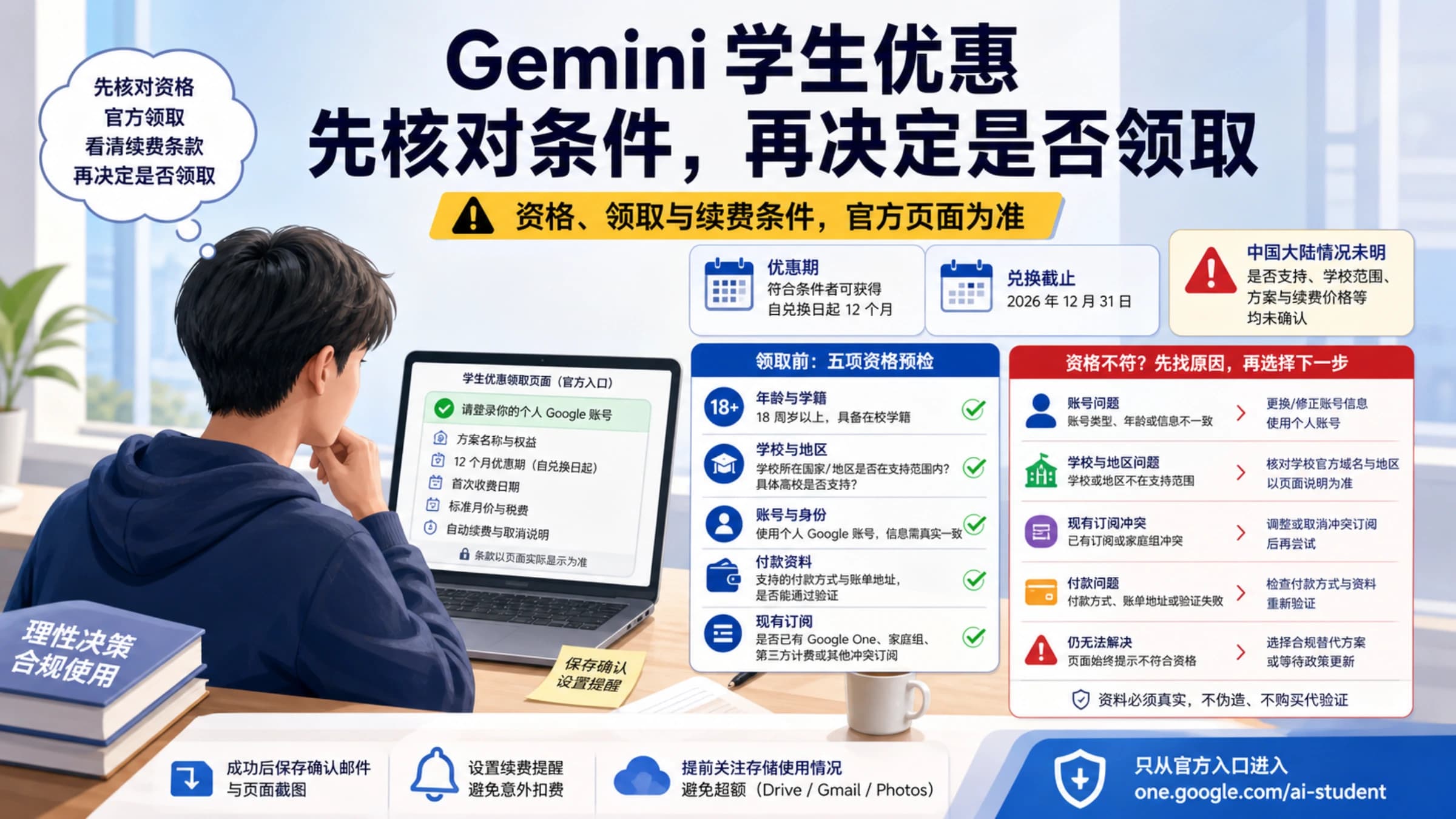 核对 Gemini 学生优惠资格、领取和续费条件