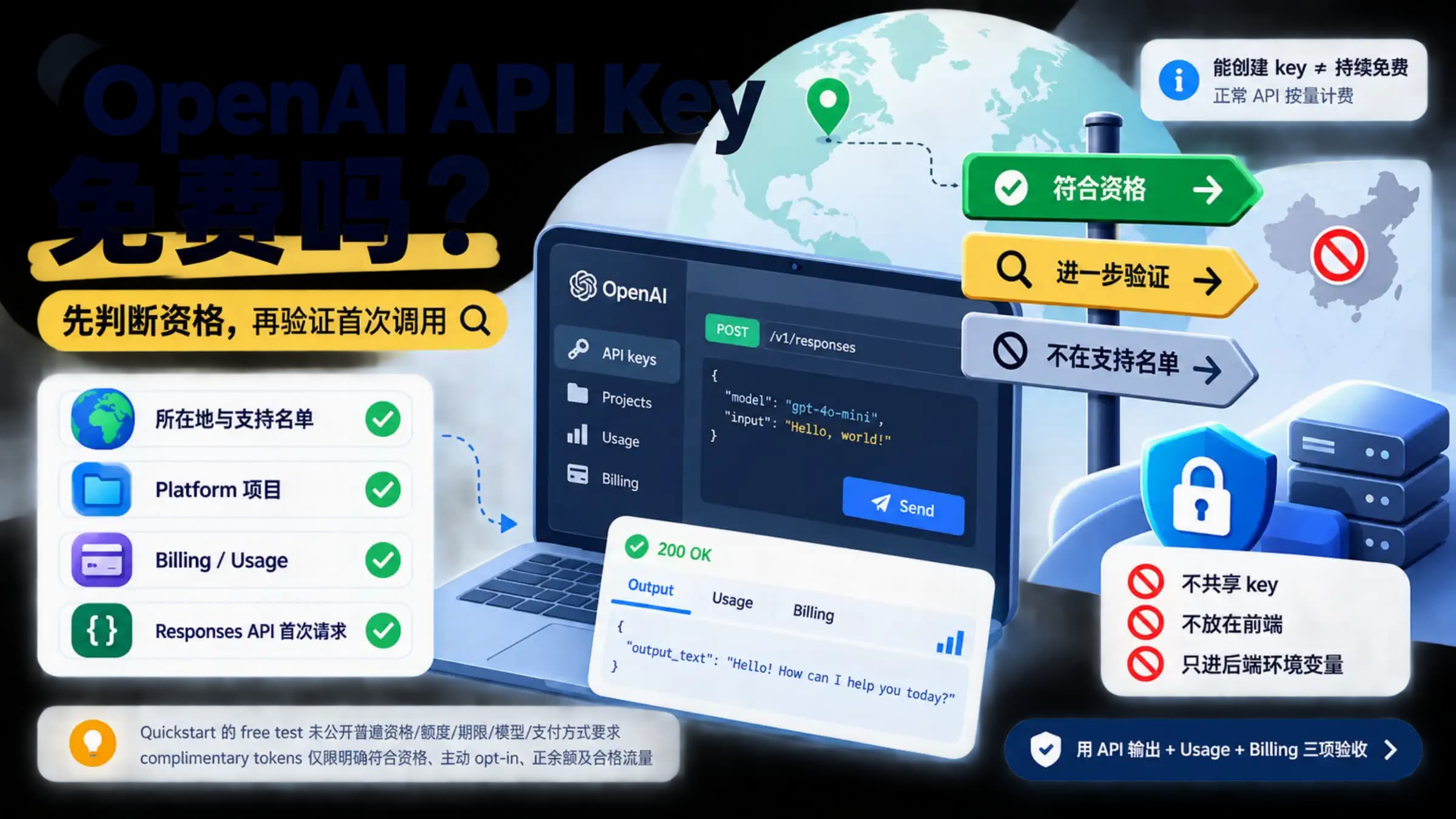判断 OpenAI API 免费起步资格并安全验证首次调用