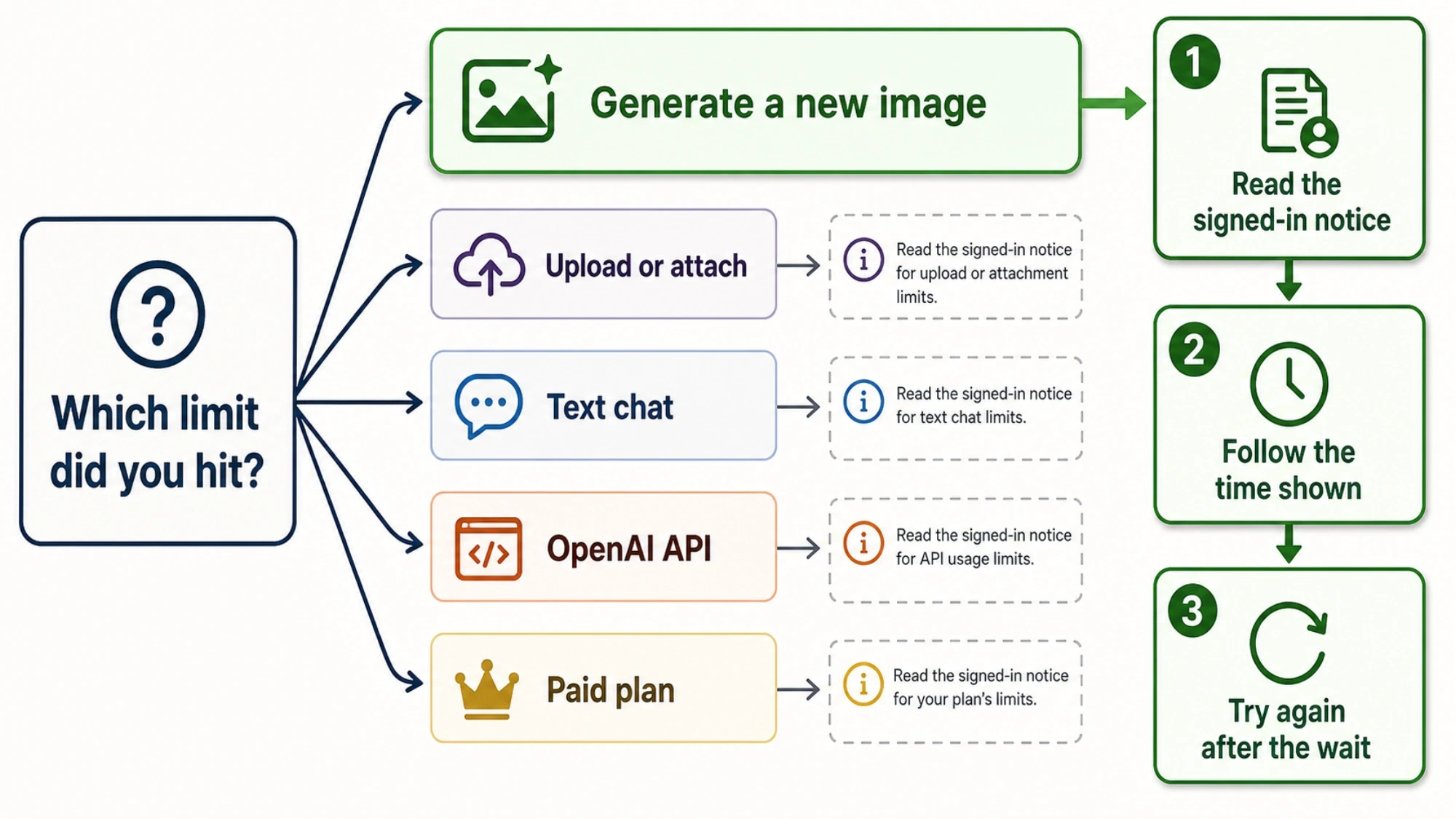 A decision path for separating image generation from upload, text-chat, paid-plan, and API limits before following the signed-in account notice