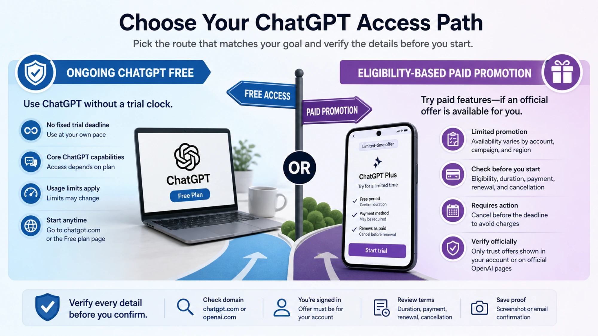 Choose between ongoing ChatGPT Free and an eligibility-based paid promotion