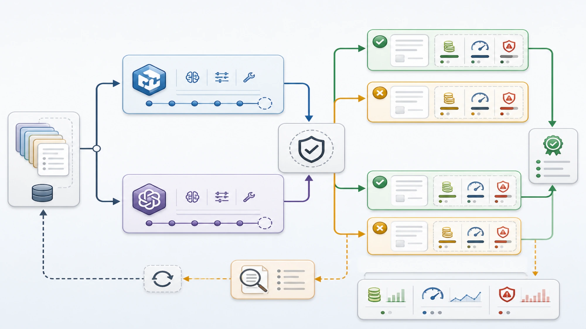 The same representative task set flowing through both model configurations, then through identical acceptance checks that record accepted outcomes, cost, latency, and critical failures