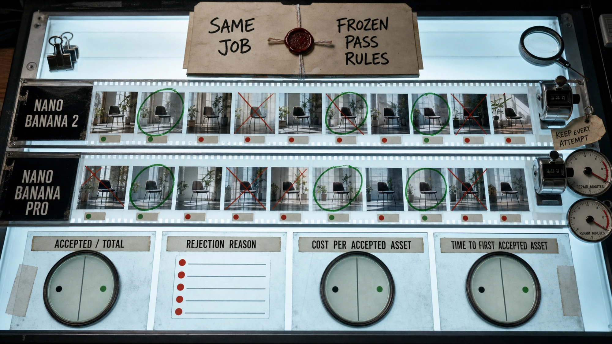 A matched-test record that turns attempts, rejection reasons, repair time, and accepted outputs into a defensible model choice