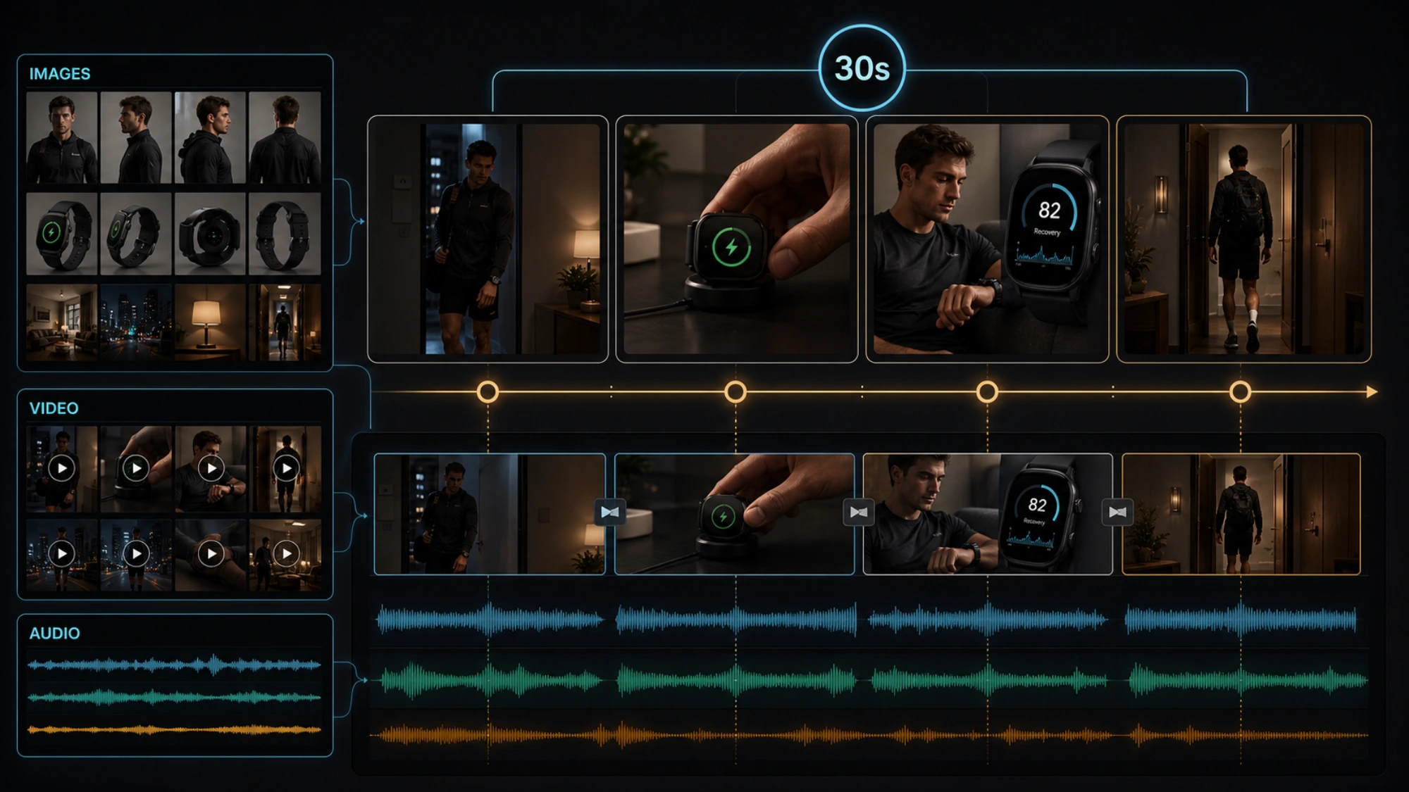 A 30-second product brief showing story beats, visual references, motion references, and sound references within one creative chain