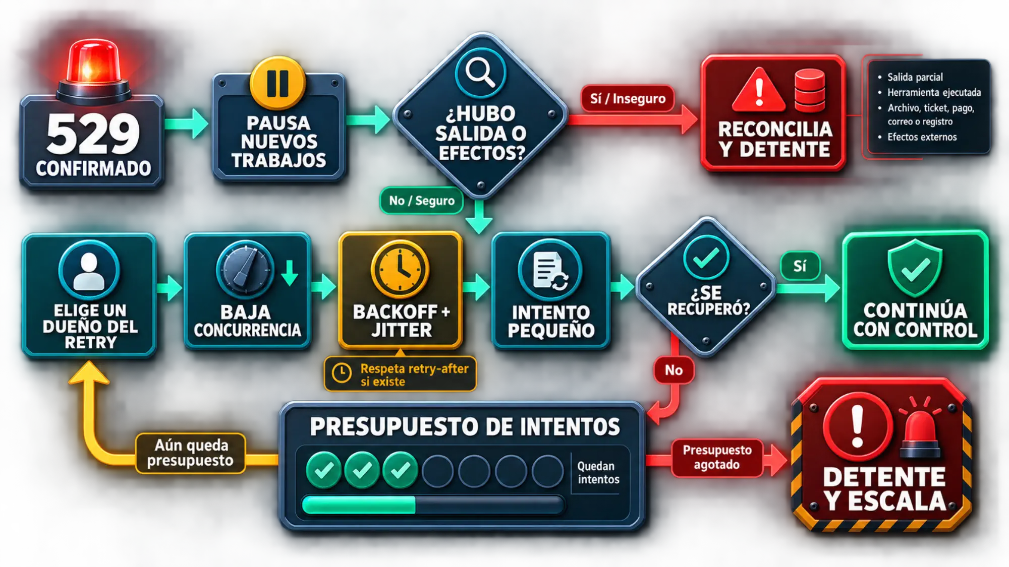 Flujo de recuperación limitada con backoff, comprobación de salida parcial y condición explícita de parada