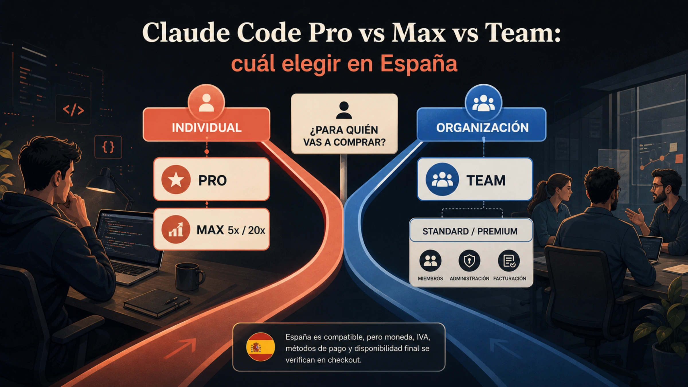 Comparación de Claude Code Pro, Max y Team por capacidad individual y gestión de equipos