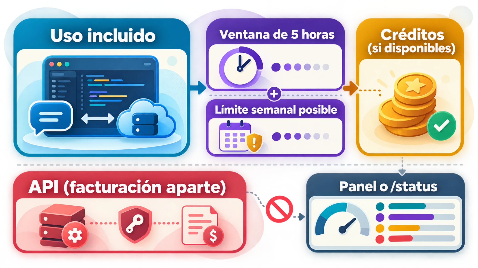 Uso incluido, ventana de cinco horas y límite semanal, créditos comprados y facturación API como cuatro capas distintas