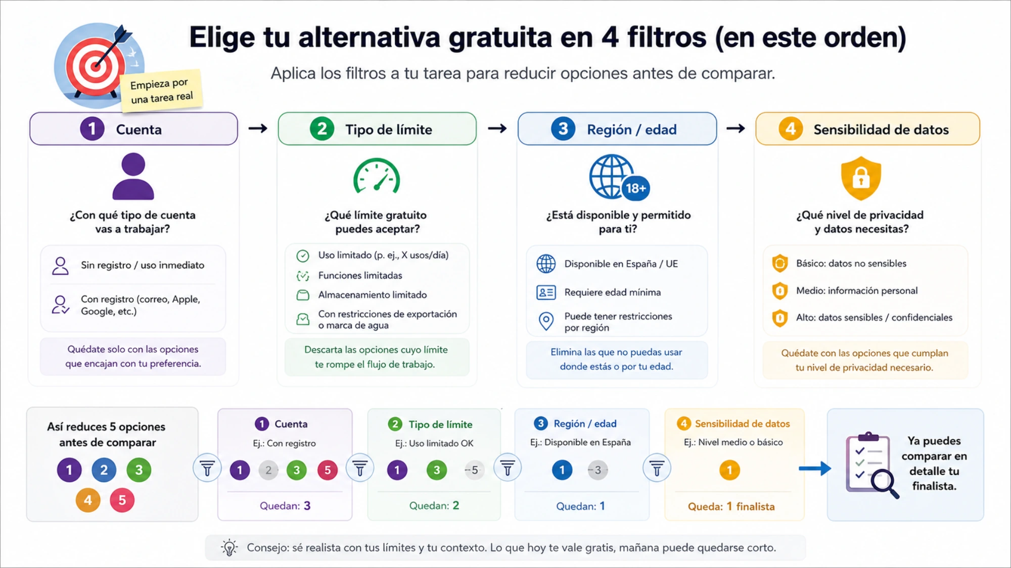 El lector identifica qué alternativa gratuita encaja con su tarea, cuenta y límite aceptable