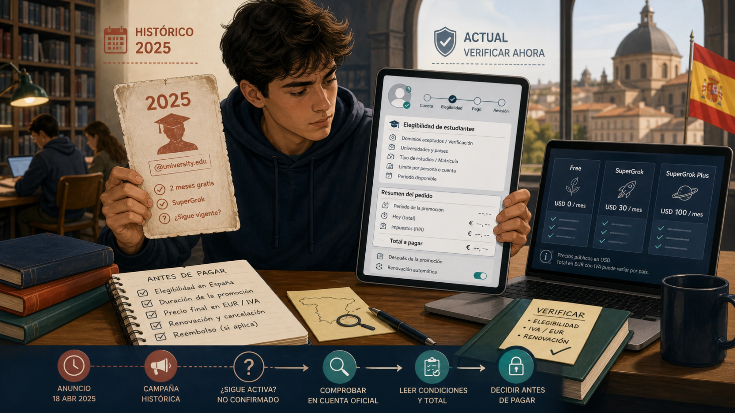 Estudiante comprobando las condiciones de una oferta de SuperGrok antes de pagar