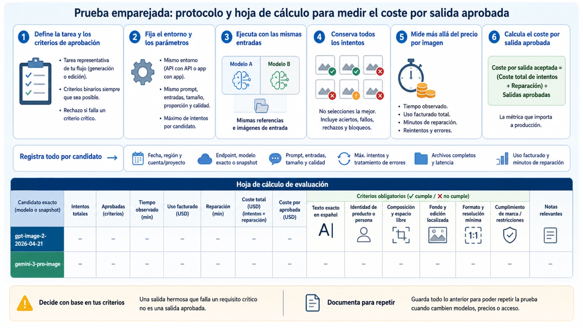 Protocolo para comparar GPT Image 2 y Nano Banana Pro con las mismas entradas y medir el coste por salida aprobada
