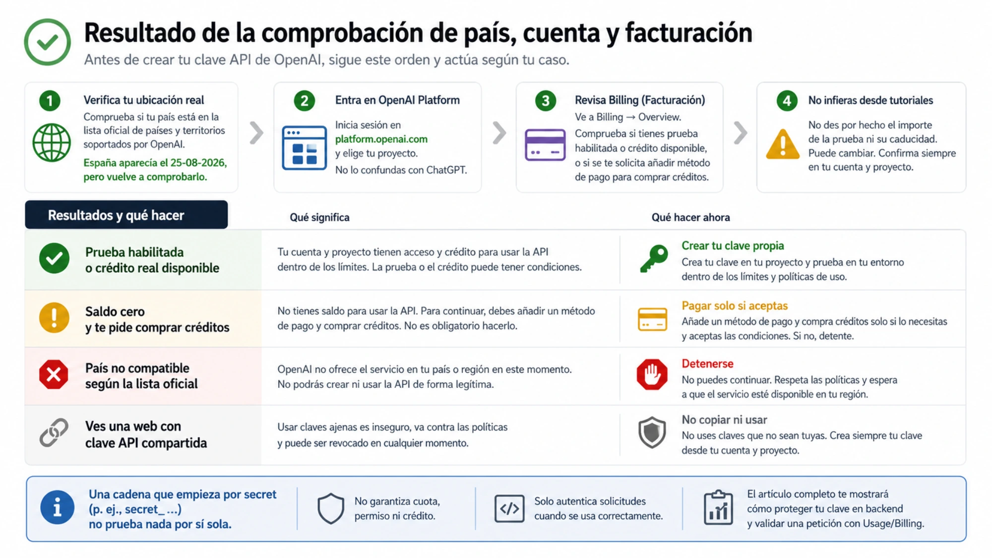 Resultado de la comprobación de país, cuenta y facturación antes de crear la clave