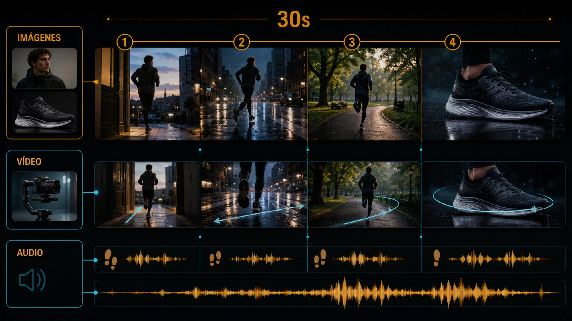 Storyboard de un anuncio de zapatillas con cuatro momentos continuos, referencias visuales, movimiento y sonido