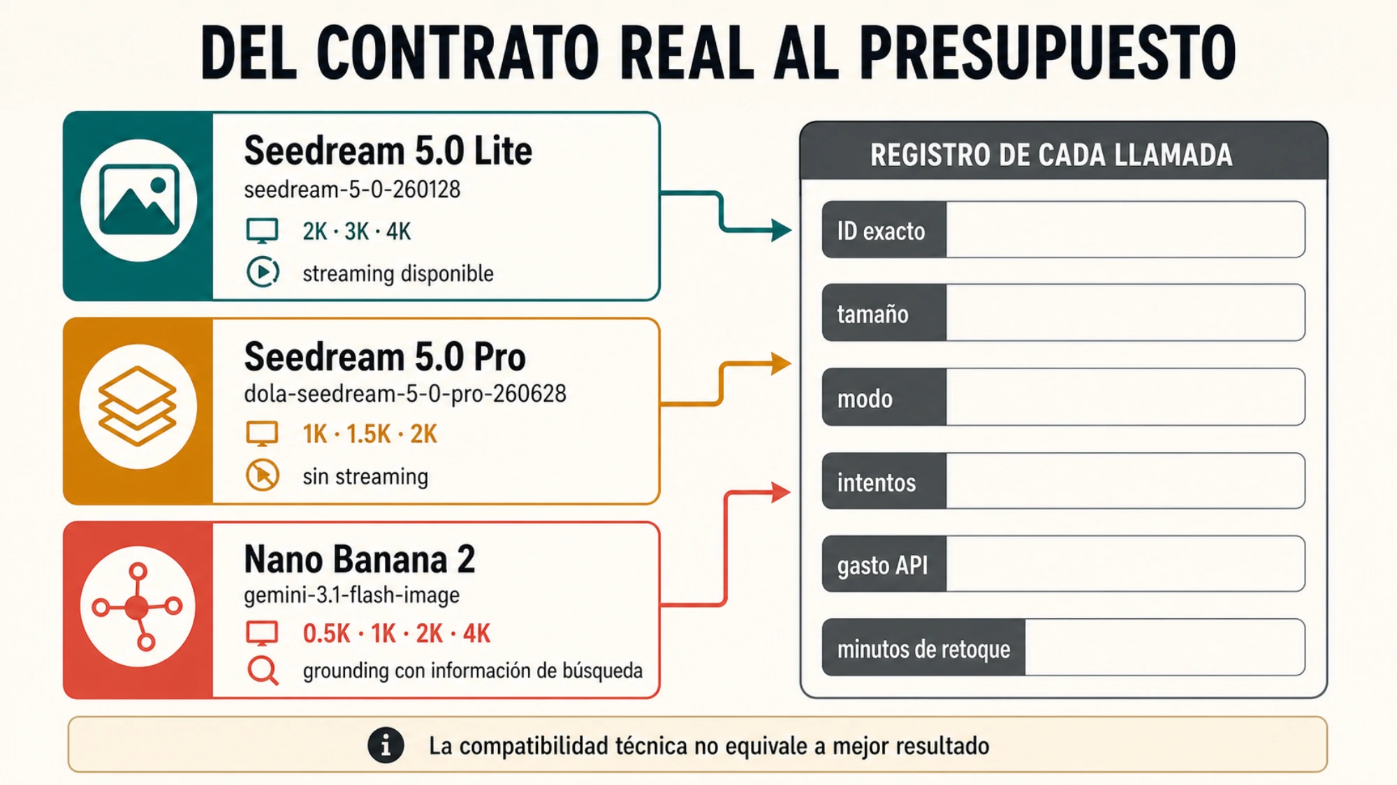 Mapa de contratos para Seedream Lite, Pro y Nano Banana 2