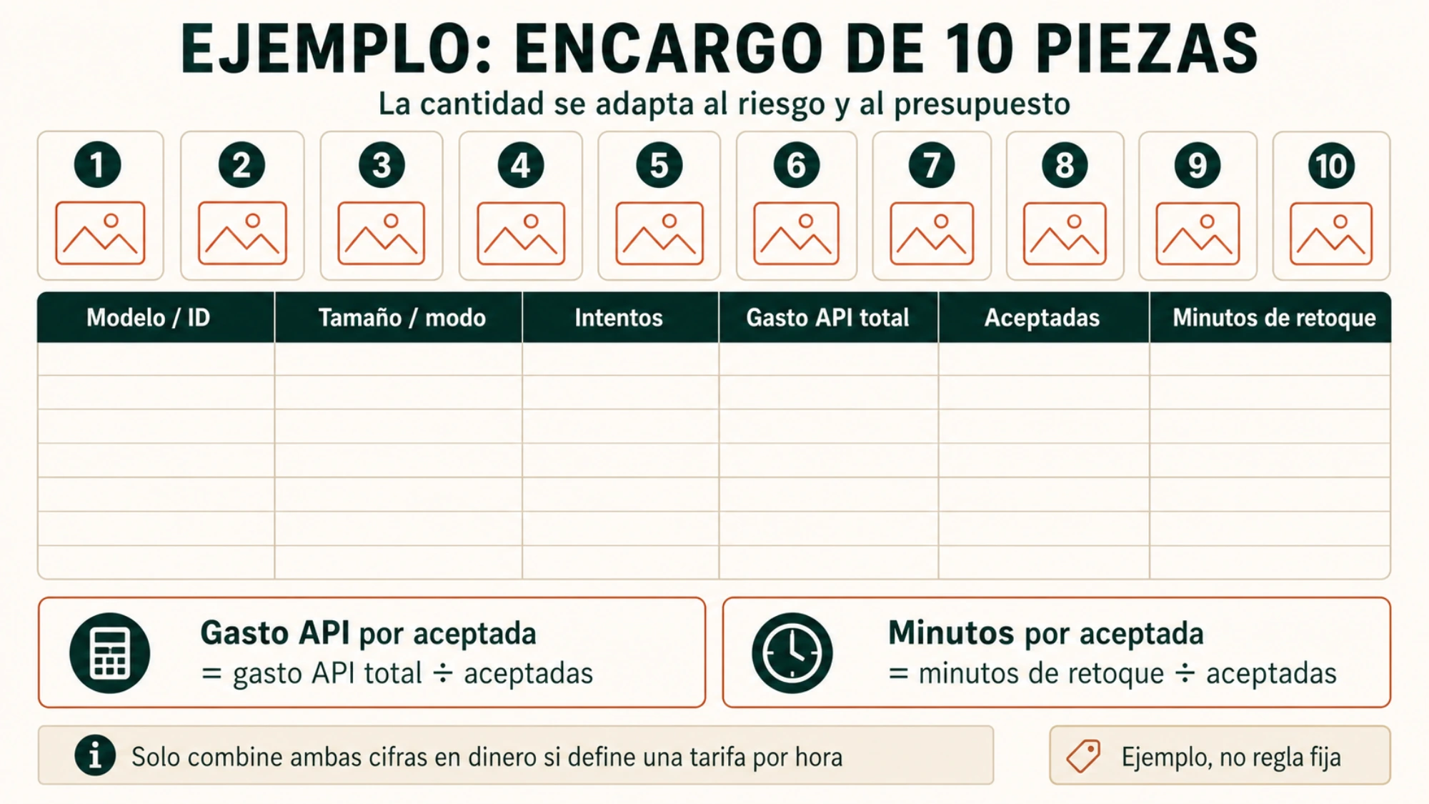 Plantilla para diez piezas que separa intentos, gasto API, aprobadas y minutos de retoque