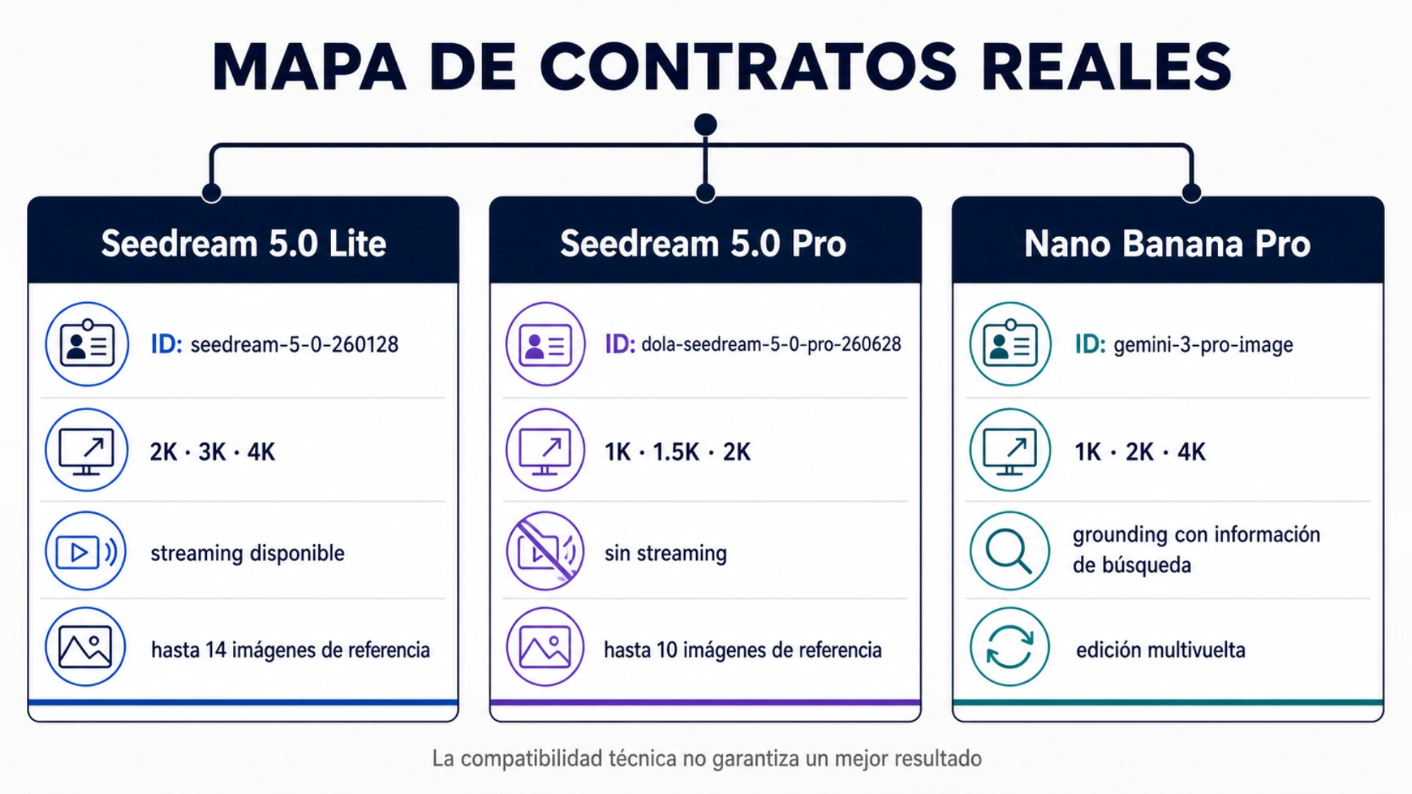 Mapa de los tres contratos con diferencias de flujo, referencias y resolución