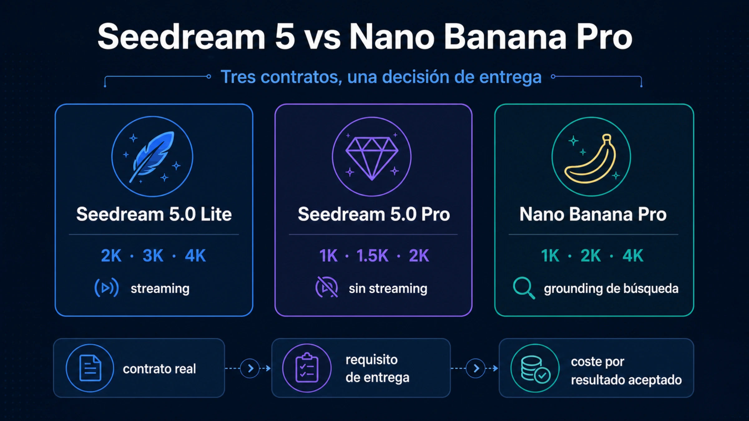 Elección entre Seedream 5.0 Lite, Seedream 5.0 Pro y Nano Banana Pro según contrato y riesgo de entrega