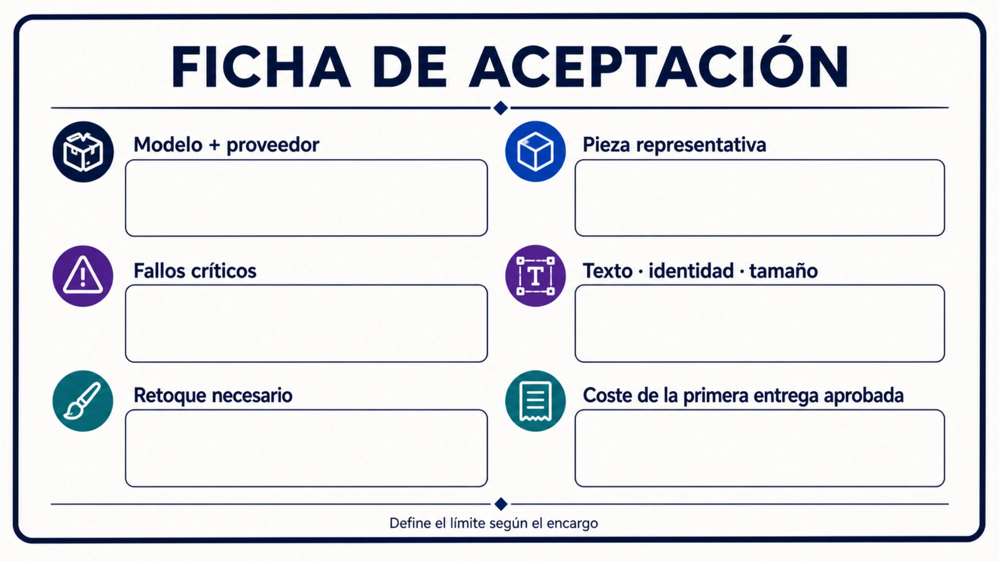 Ficha de una prueba de entrega con identidad del modelo, fallos, retoque y coste de la primera pieza aprobada