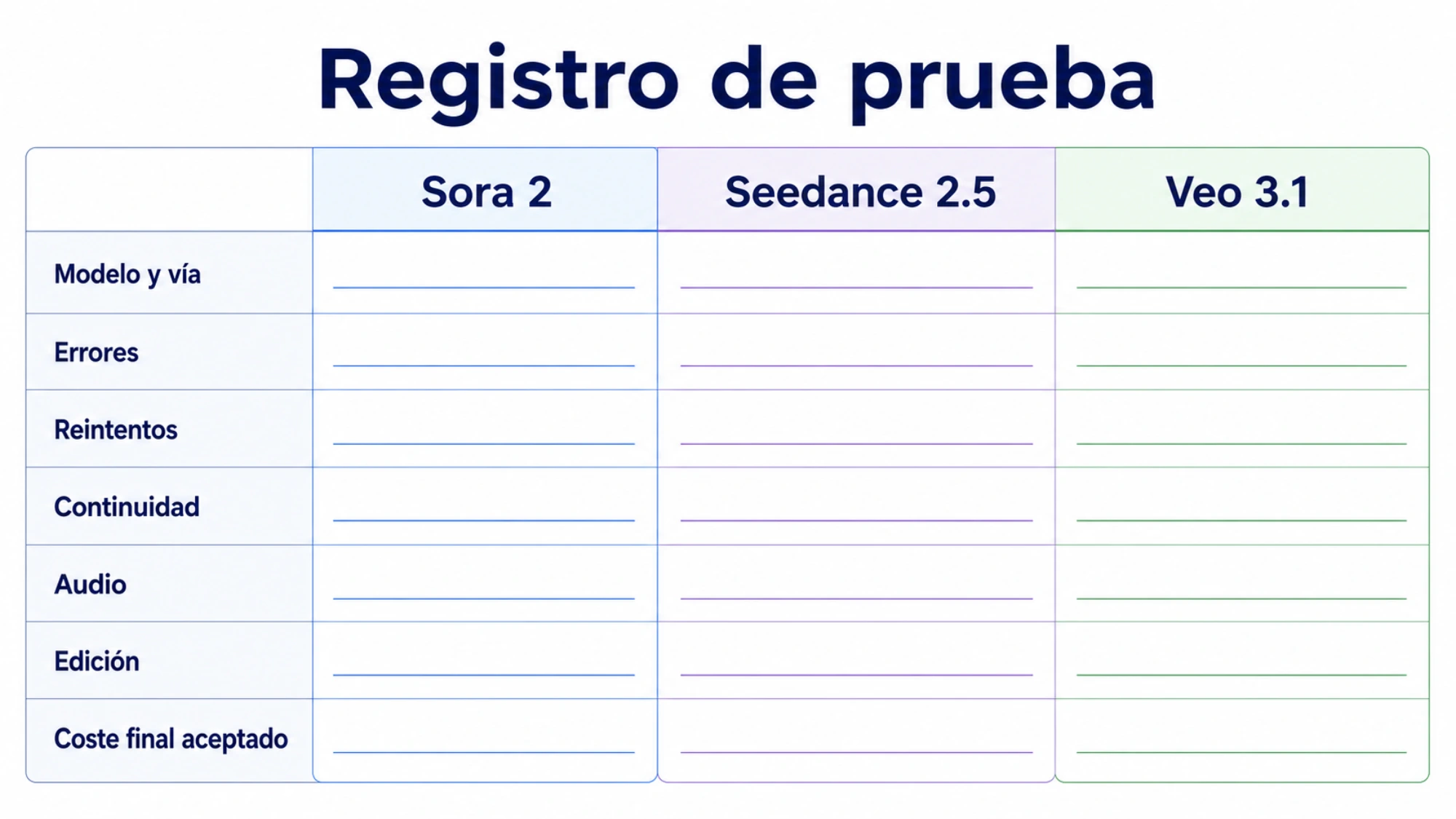 Registro de prueba para modelo, errores, reintentos, continuidad, audio, edición y coste final