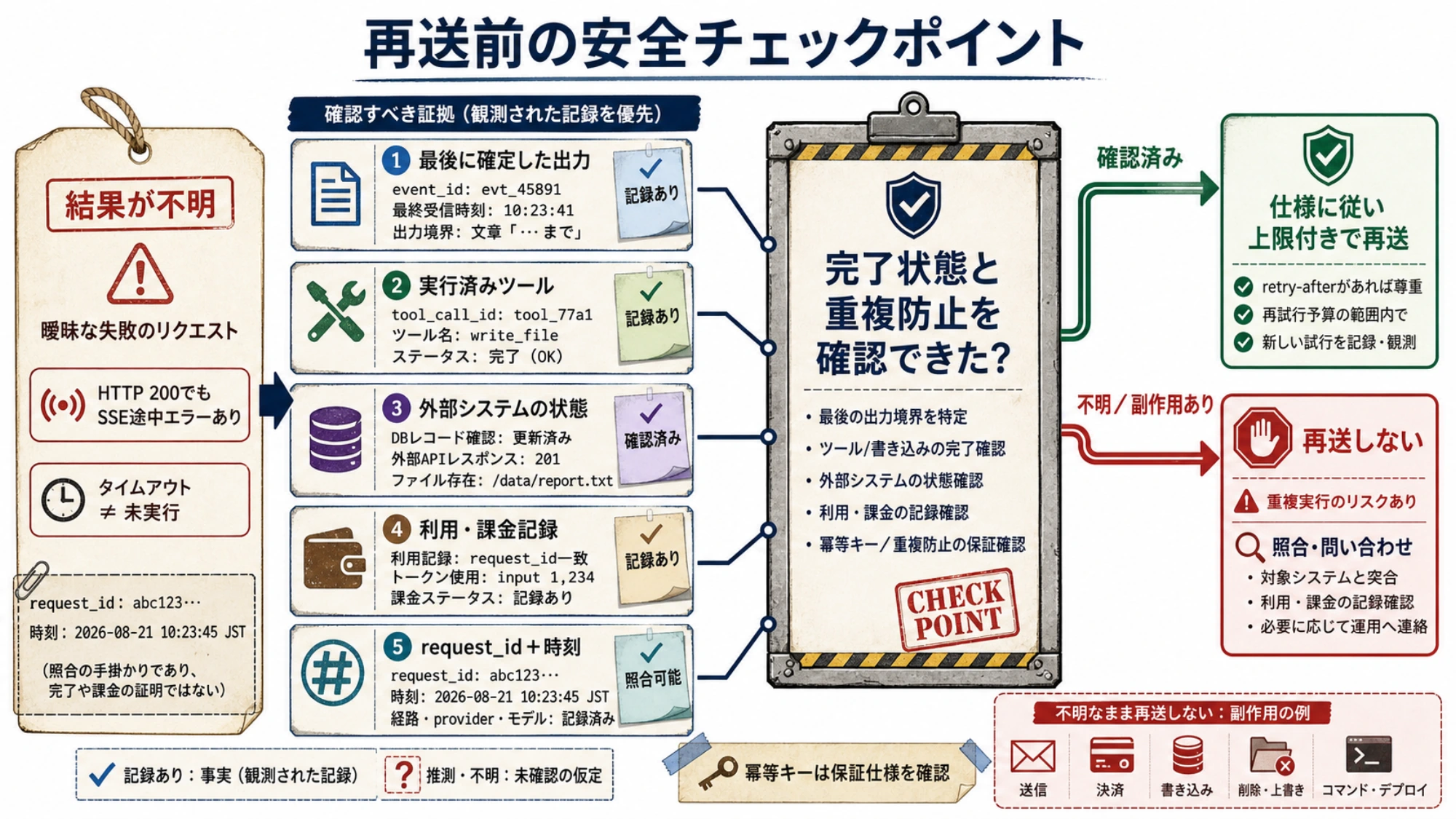 再送前に部分出力、ツール実行、副作用、利用記録を確認する安全チェックポイント