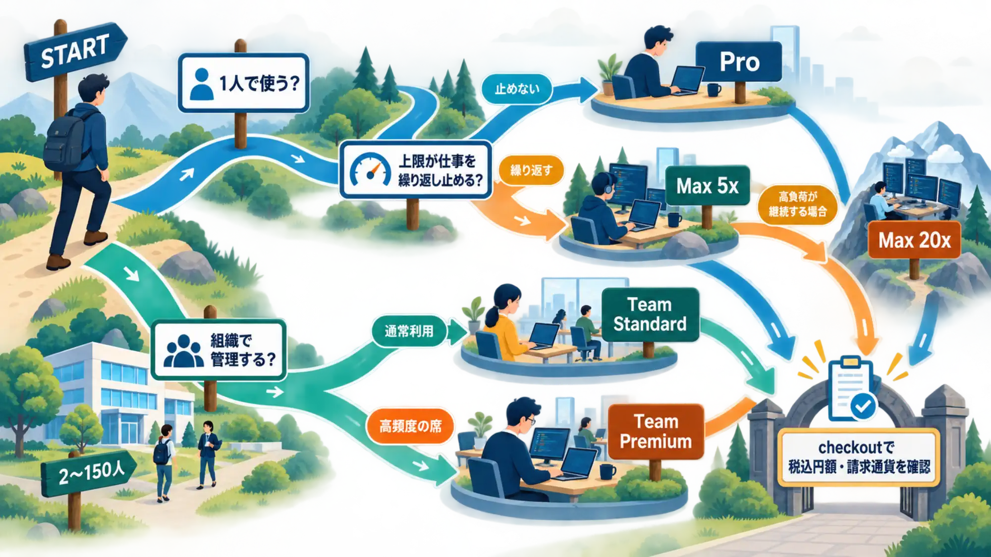個人向け容量と組織向け管理を分けて考えるClaude Codeプラン選択図