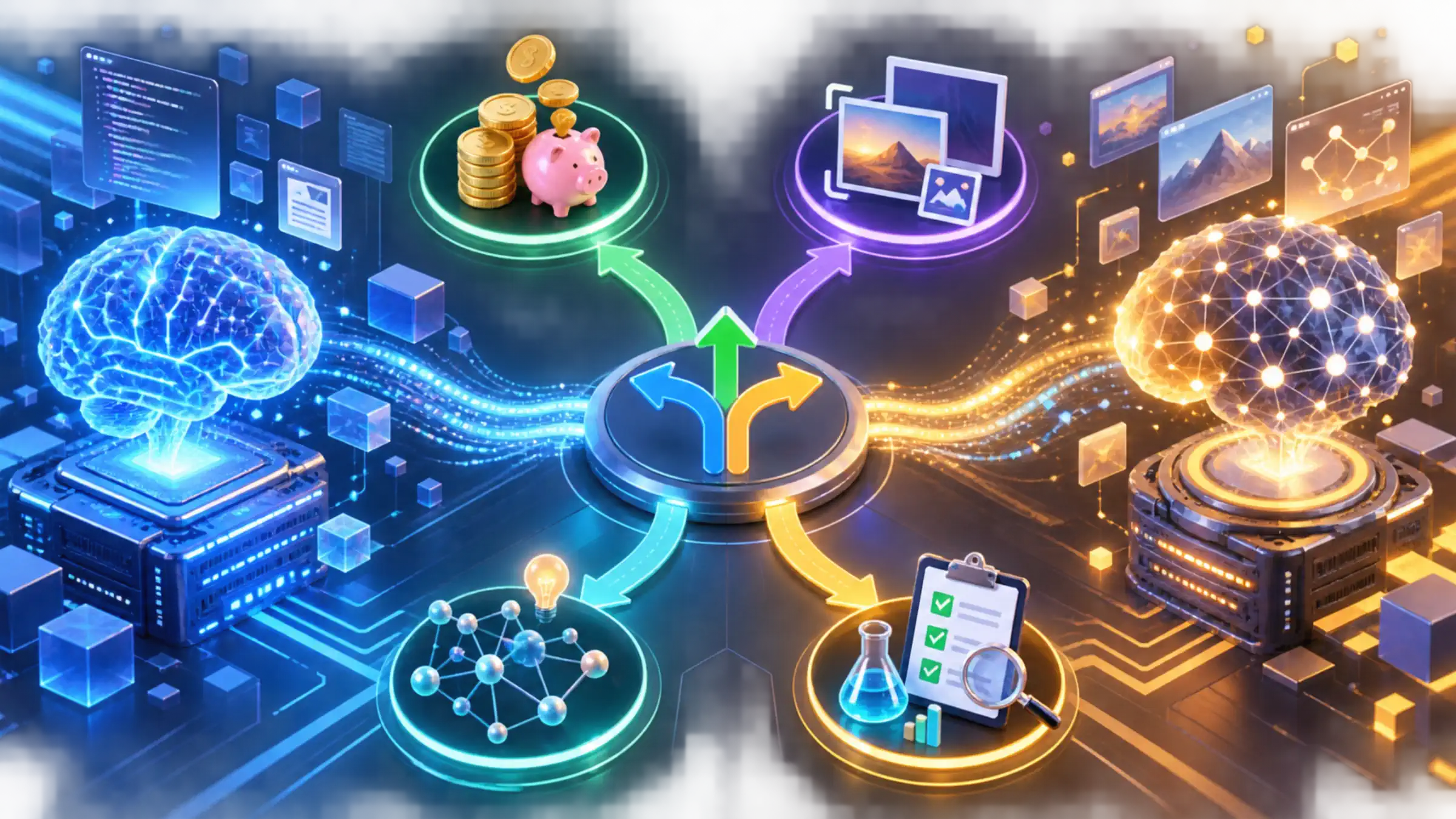 DeepSeek V4 ProとGPT-5.6 Solの選択条件を示す抽象的な比較ビジュアル