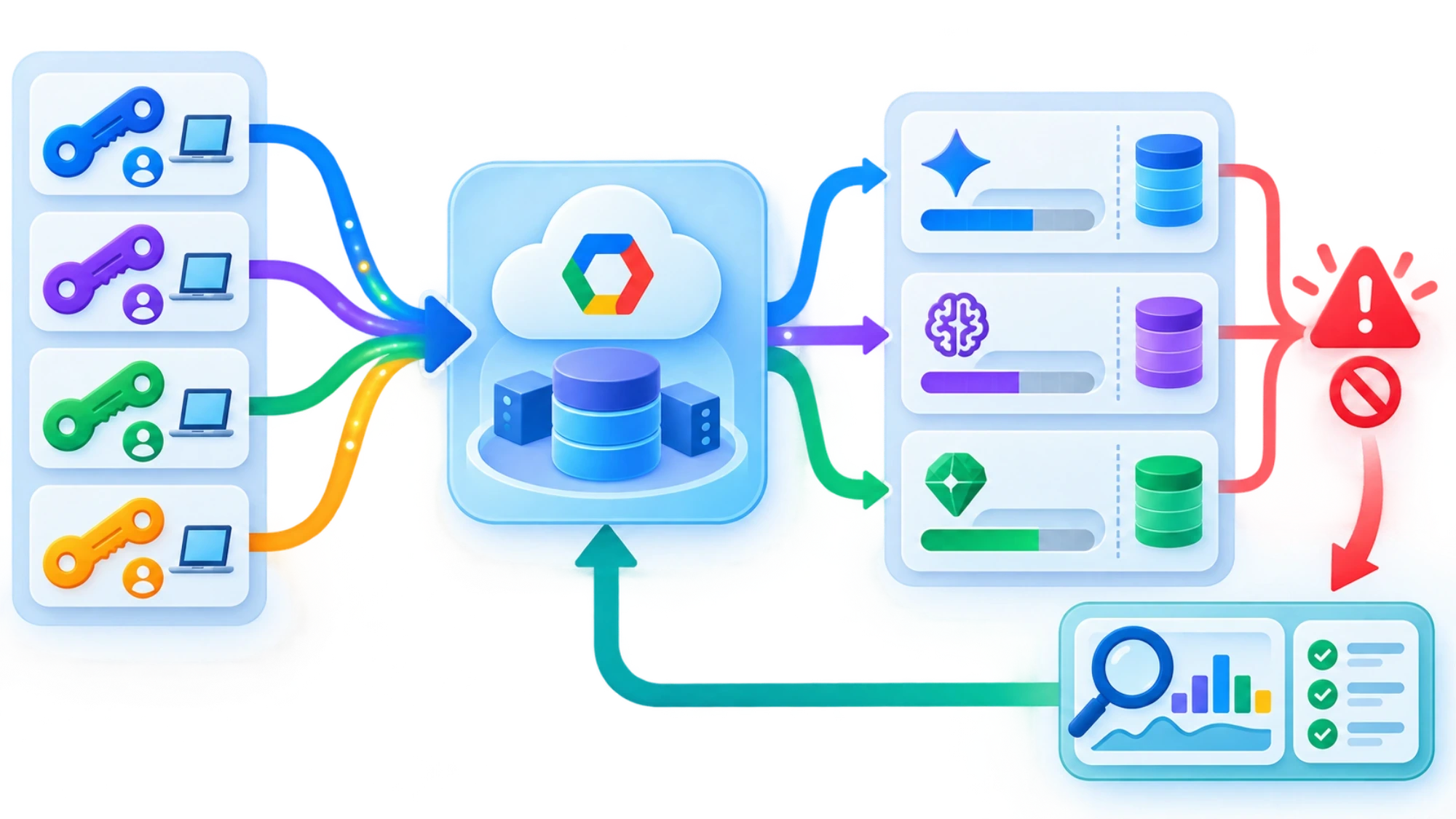 同じGoogle Cloudプロジェクトに属する複数のAPIキーが、モデル別のRPM、TPM、RPD上限を共有する関係