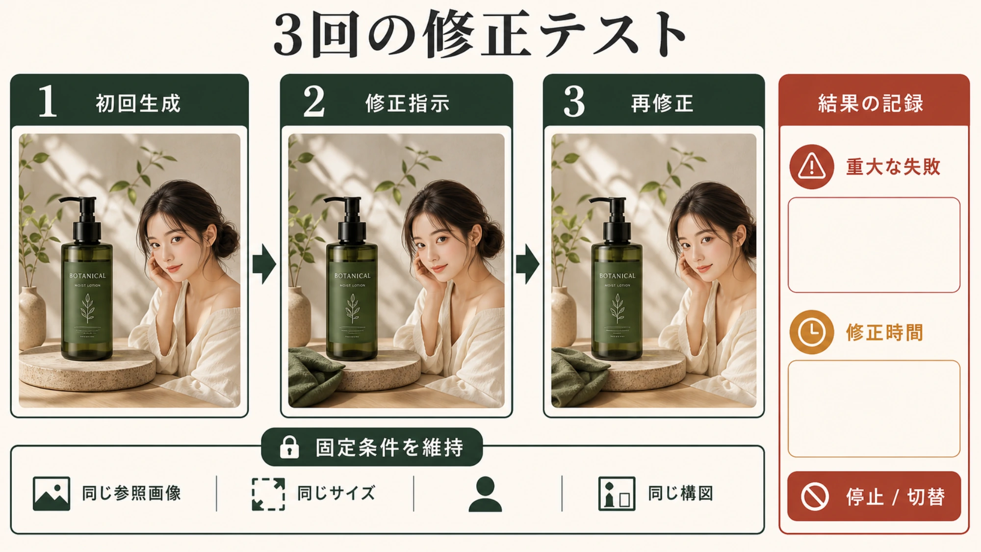 三段階の修正例で同一性と意図しない変化を記録するチェック表