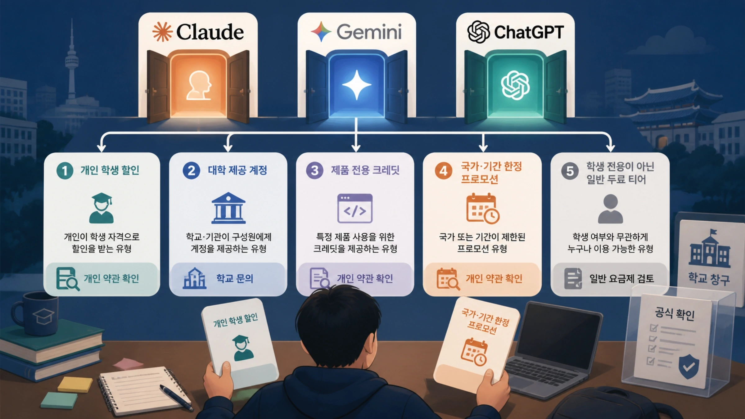 한국 대학생이 클로드, 제미나이, 챗GPT 혜택의 신청 주체와 적용 범위를 비교하는 모습