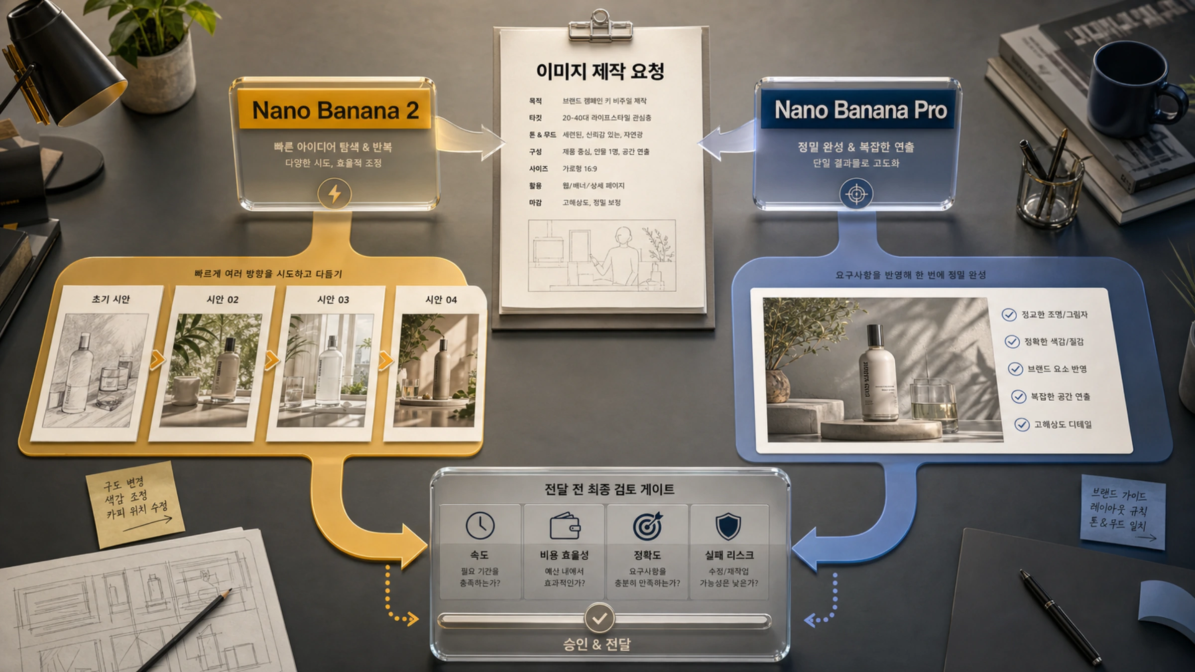 Nano Banana 2와 Nano Banana Pro를 속도, 비용, 정확도, 실패 위험으로 선택하는 비교 가이드