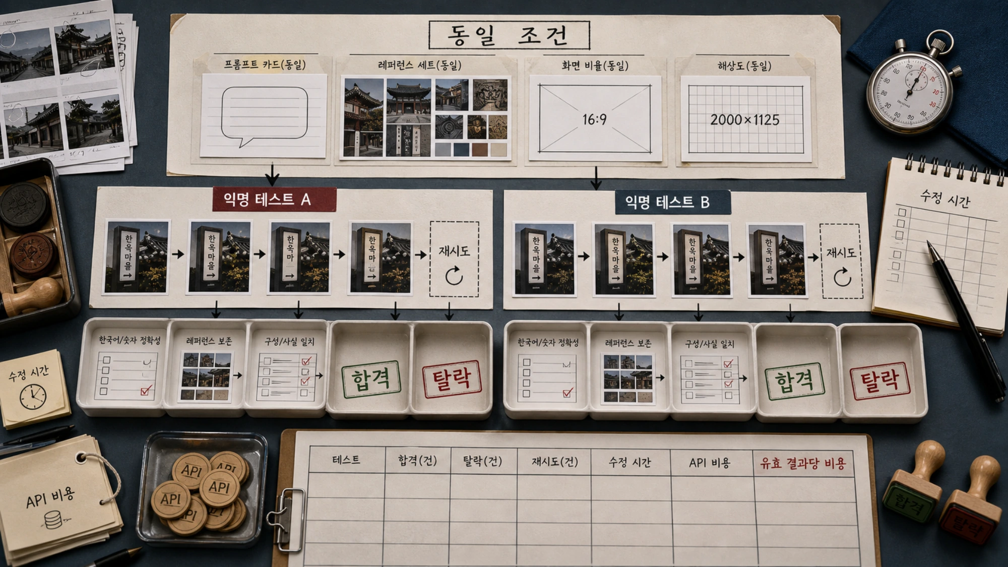 같은 한국어 작업에서 합격률과 유효 결과당 비용을 기록해 모델 전환을 판단하는 시험 기록