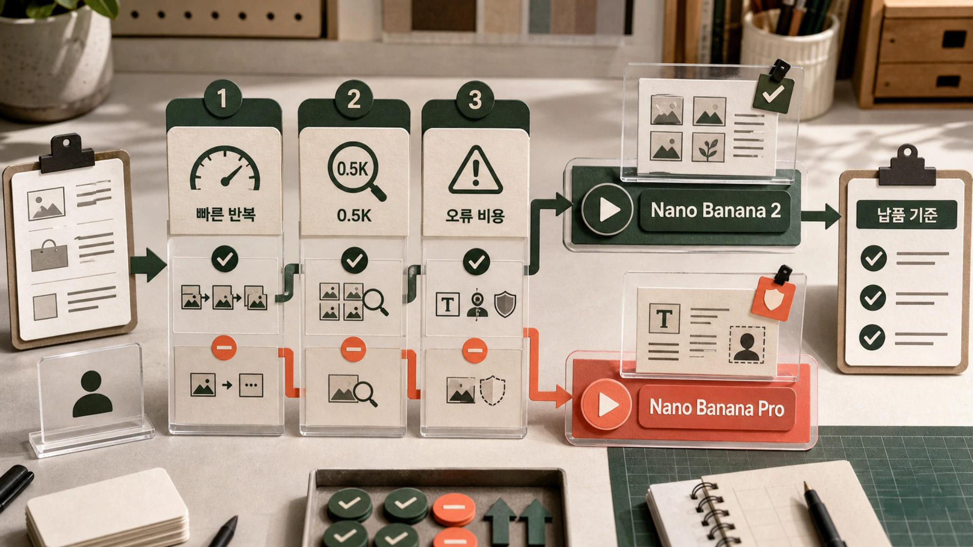작업 조건을 따라 Nano Banana 2와 Pro의 첫 테스트 후보를 고르는 선택 기준