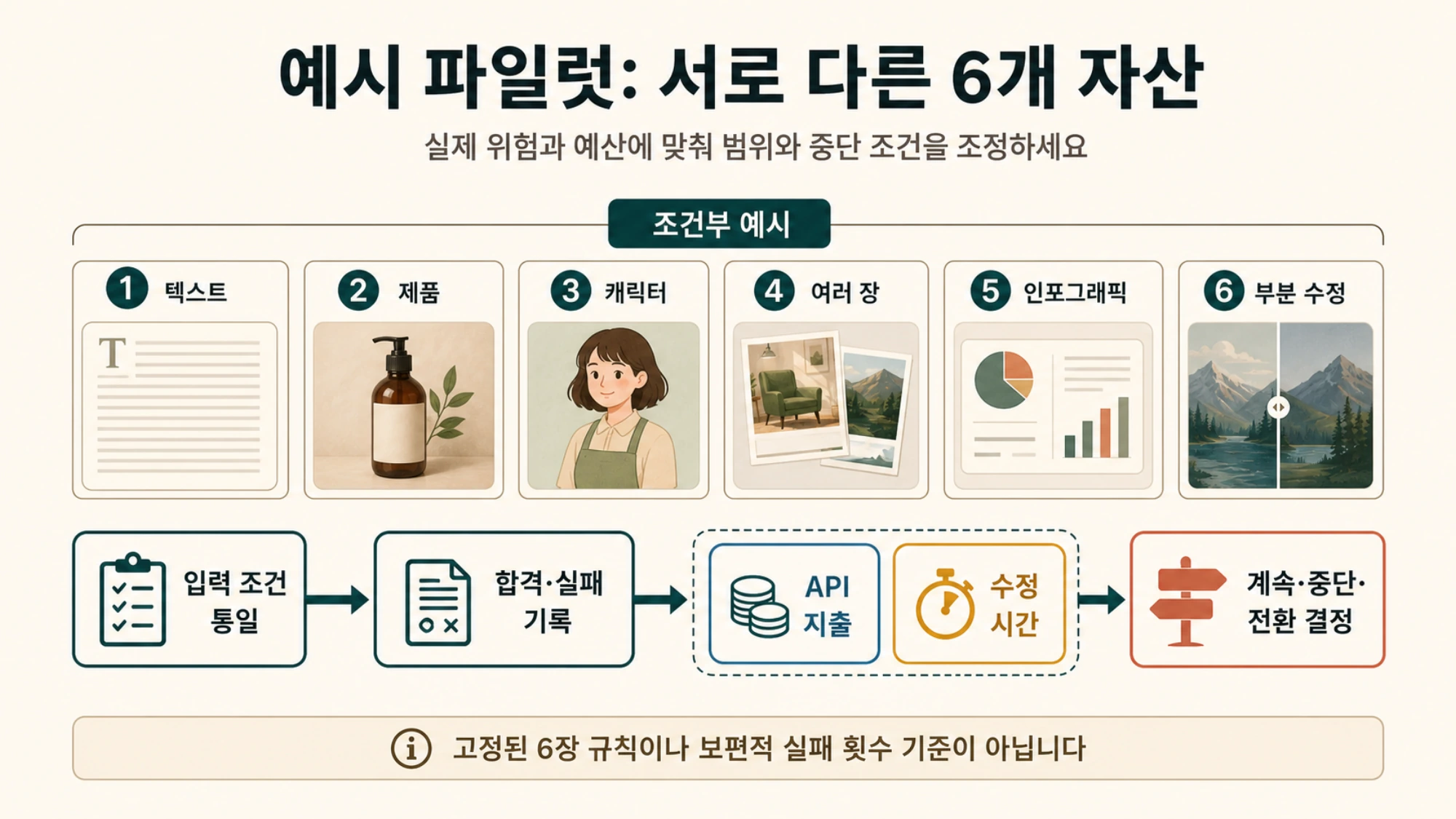 서로 다른 실패 조건을 담은 6개 자산으로 구성한 소규모 파일럿 예시
