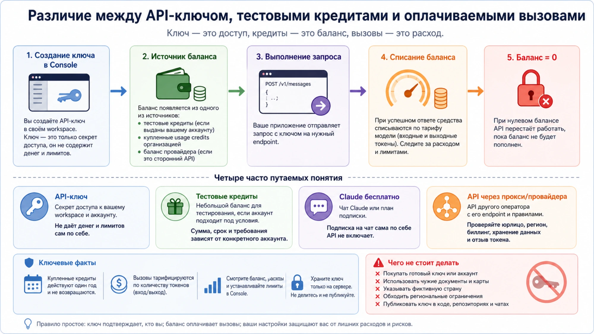 Различие между API-ключом, тестовыми кредитами и оплачиваемыми вызовами Claude