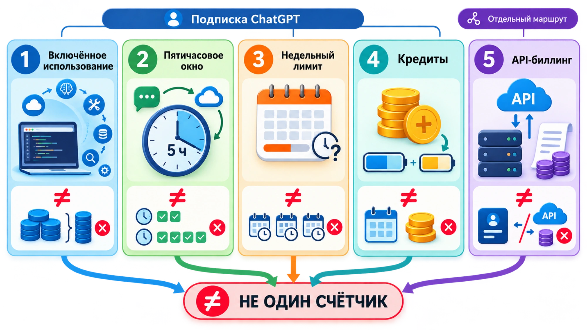 Пять разных счётчиков Codex: включённый объём, пятичасовое окно, недельное ограничение, кредиты и отдельный API-биллинг